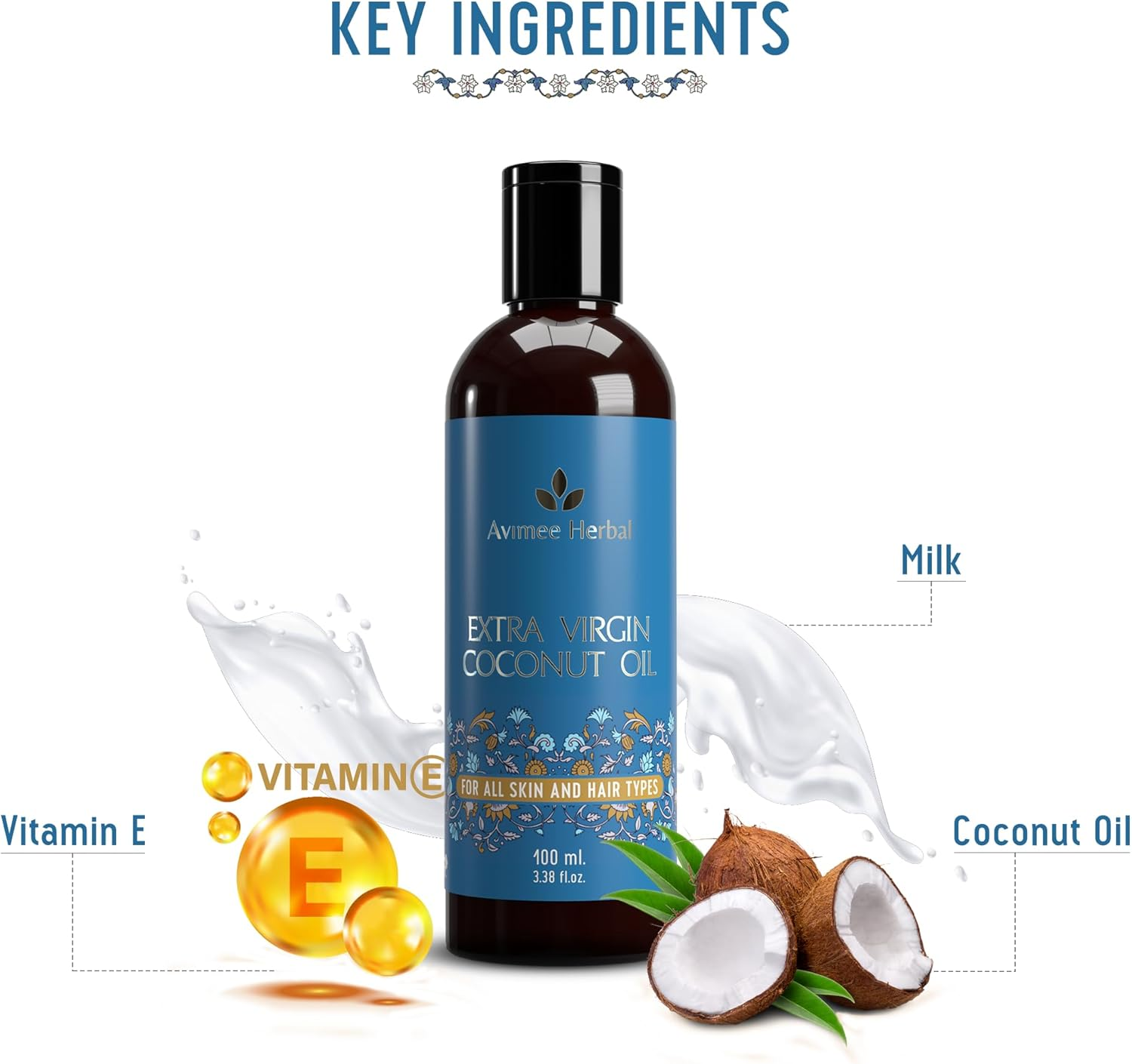AVIMEE Herbalcold Pressed Extra Virgin Coconut Oil | for Deeply Moisturized Skin & Hair | Enriched with Vitamin E | Mineral Oil Free | 100 Ml image number 4