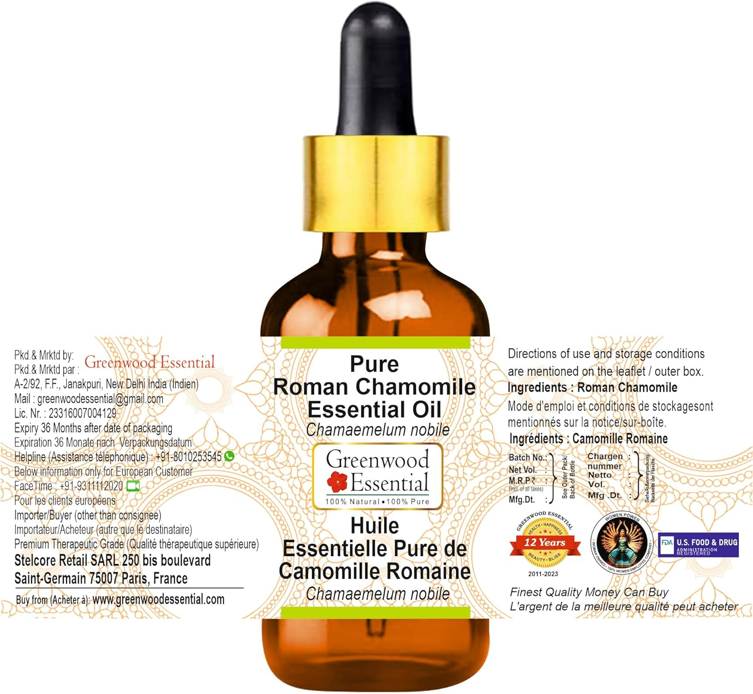Greenwood Essential Pure Roman Chamomile Essential Oil (Chamaemelum Nobile) with Glass Dropper Steam Distilled for Personal Care 10Ml (0.33Oz) image number 2