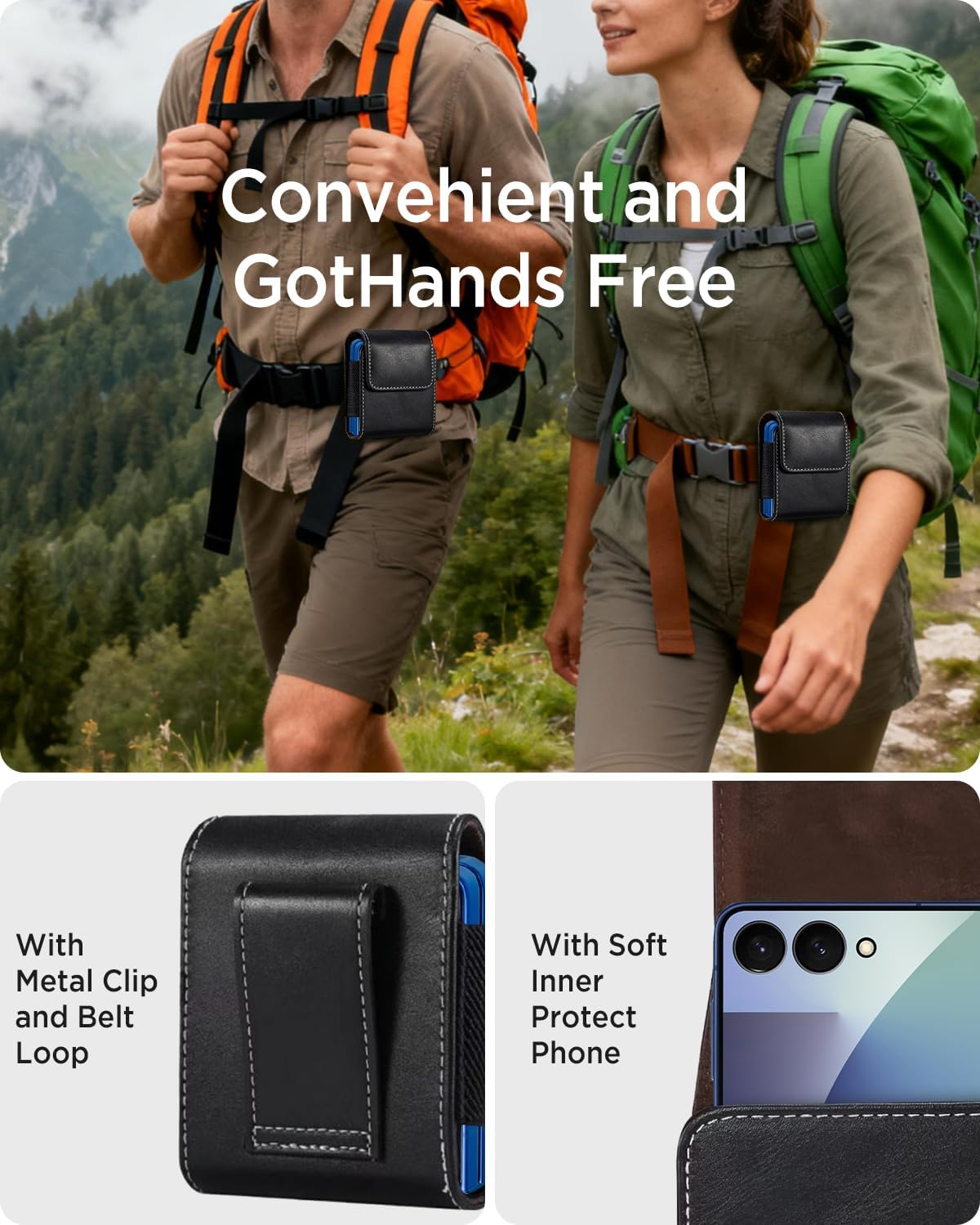 Miimall for Samsung Galaxy Z Flip 7/6/5/4/3 Phone Pouch Holster Belt Case, Leather Pouch with Metal Clip Phone Holster Case for Galaxy Z Flip 7 6 5 4 3, Motorola Razr 2025, Moto Razr 2024 image number 2