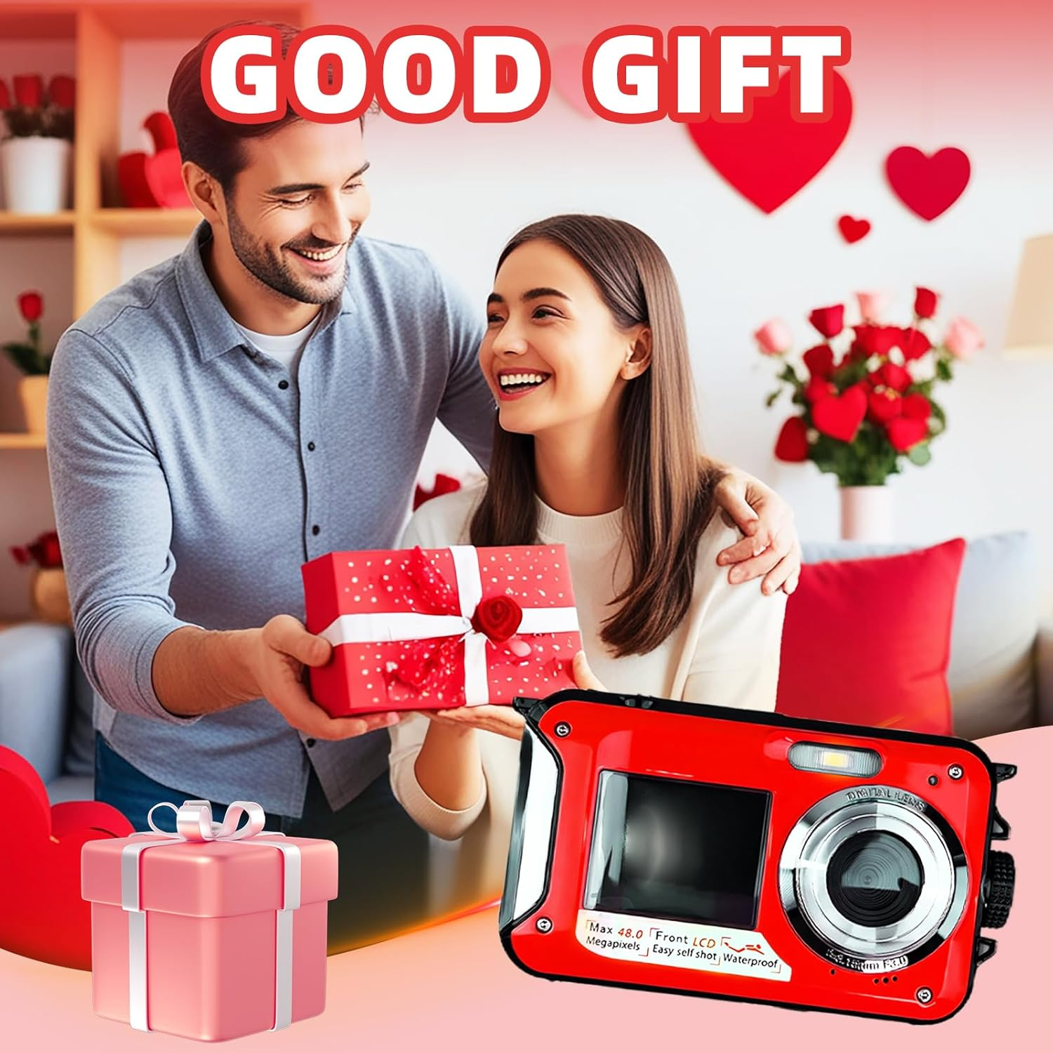 Underwater Digital Camera, 2.7K 48MP Dual-Screen Selfie Waterproof Camera 16X Digital Zoom Compact Camera for Snorkeling (Red)