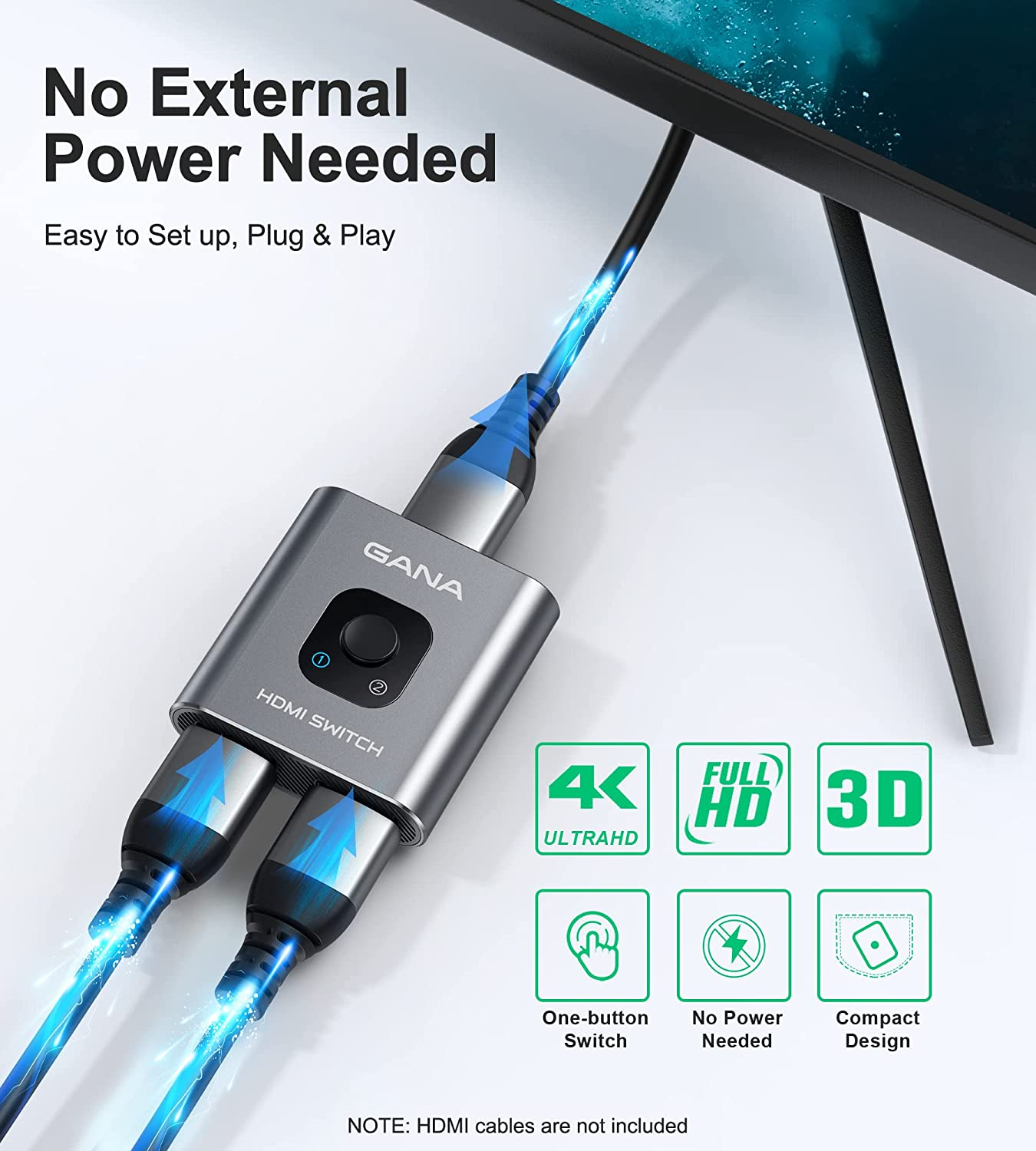 HDMI Switch 4K@60Hz Splitter, GANA Aluminum Bidirectional HDMI Switcher 2 in 1 Out, Manual HDMI Hub Supports HD Compatible with Xbox PS5/4/3 Blu-Ray Player Fire Stick Roku