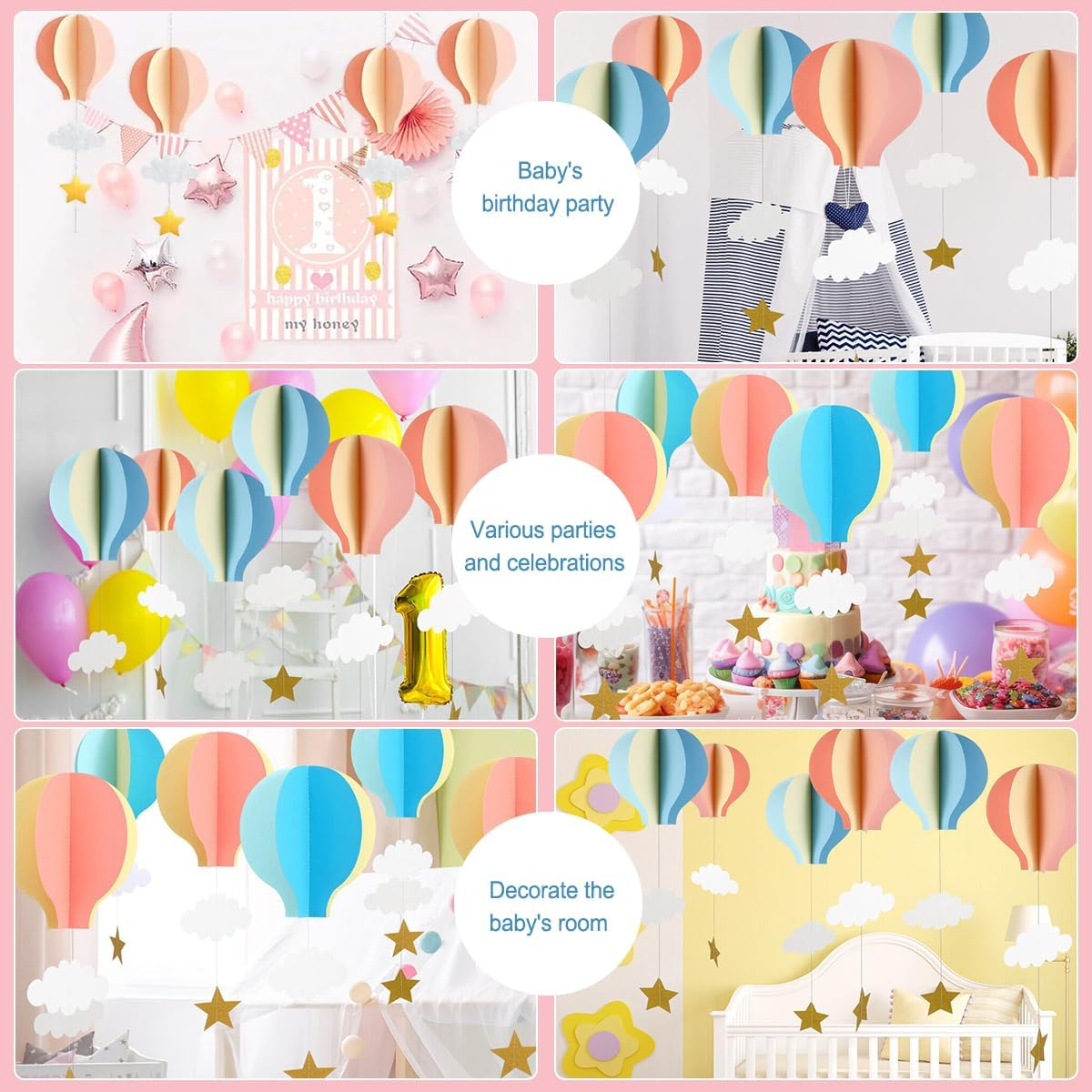 4 Pcs Cloud Hot Air Balloon Hanging Ornaments for Wedding,Birthday,3D Paper Decoration for Party (Hot Air Balloon) image number 6