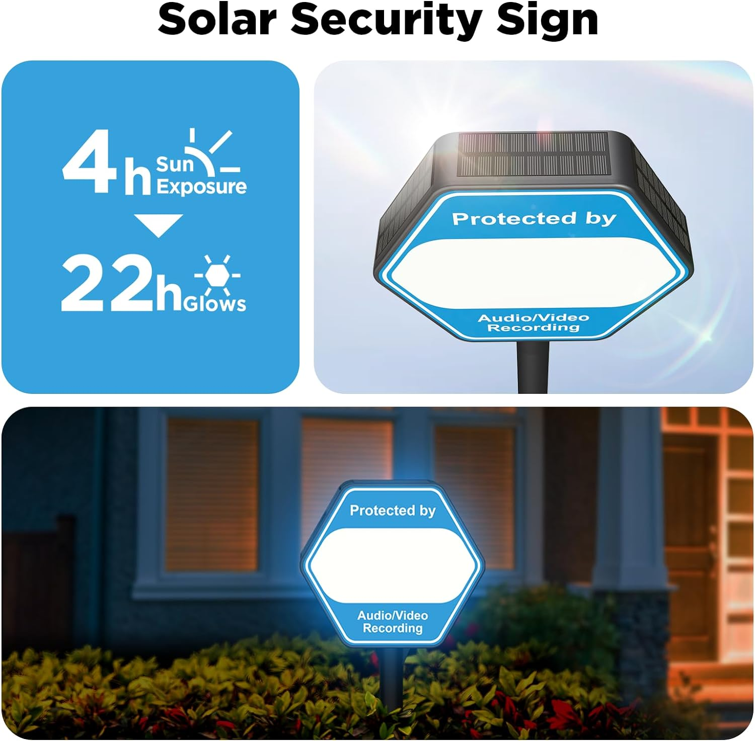 QIBOX Solar Security Sign for Yard, Audio/Video Recording Sign LED Illuminated Outdoor, Weather Resistance Home Security Signs with Stakes for outside Home, Yard, Street, House image number 5