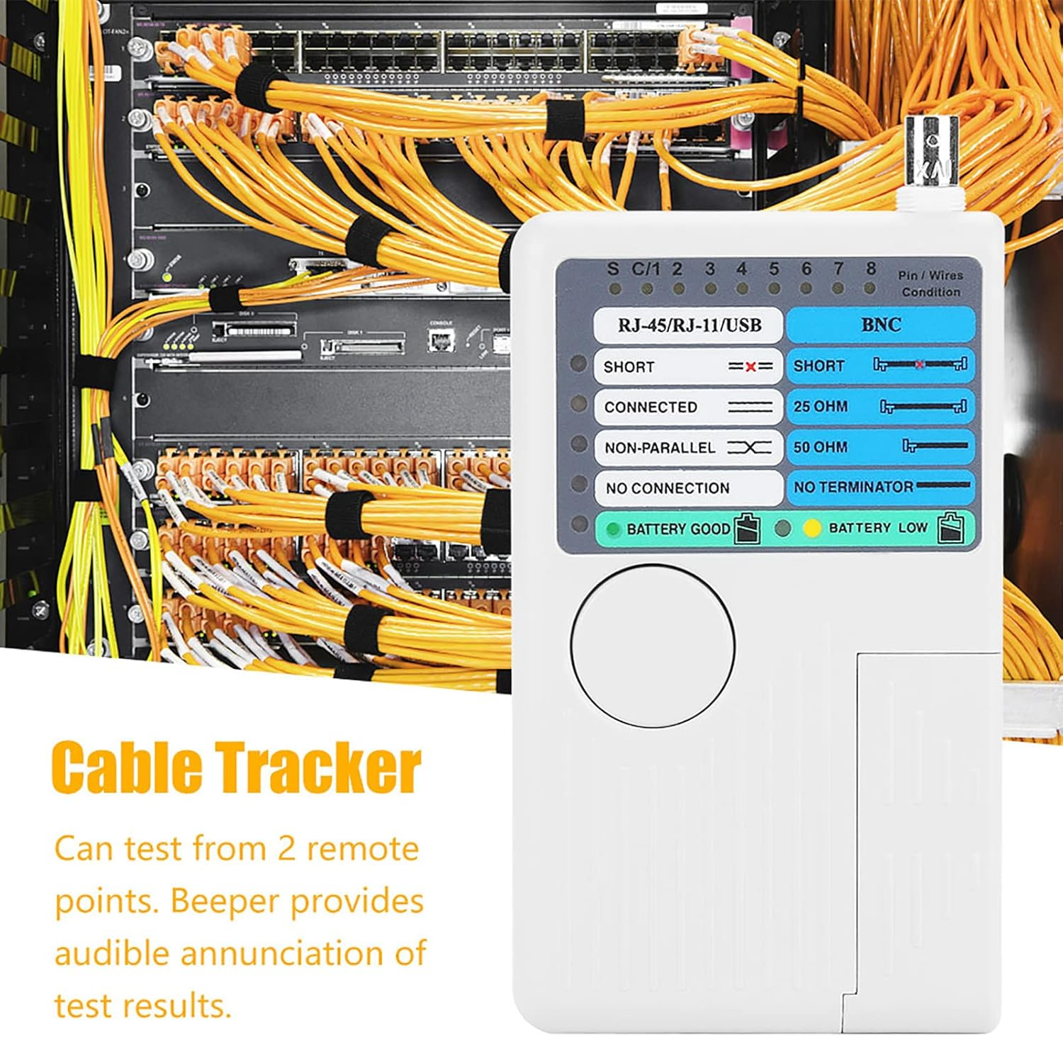 Network Cable Tester LAN USB Line Fault Tracker Meter, 4In1 RJ11 RJ45 BNC Cable Testing Device with Remote, Ethernet Wire Diagnostic Detector
