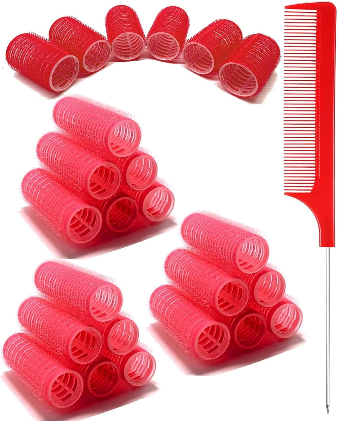 TPZORJX 37 Pieces Manual Hair Rollers Self Adhesive for Salons, Hairdressing Salons, Rat Tail Combs, DIY Curlers with Steel Pointed Tail Combs (Red) image number 5