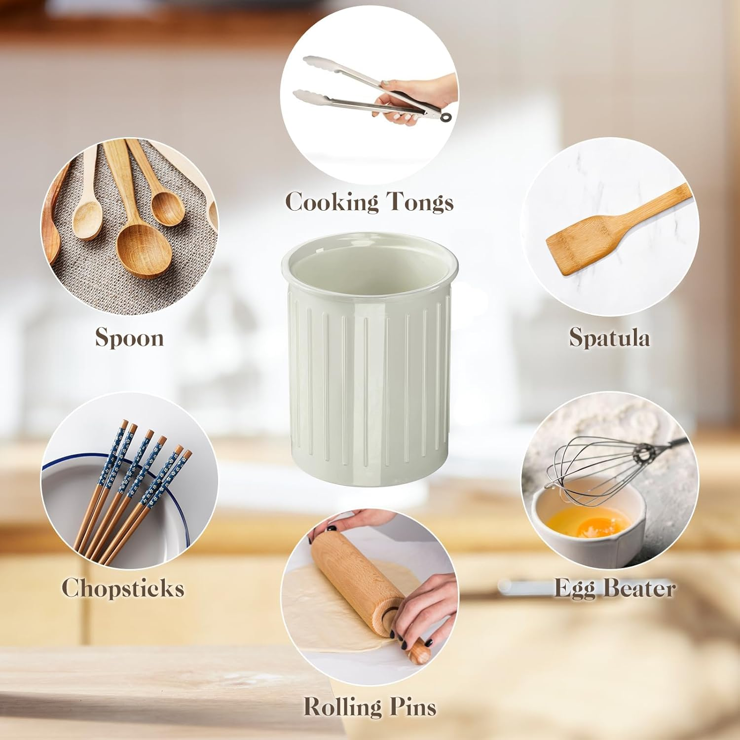 Ceramic Cutlery Holder for Kitchen, Utensil Holder Ceramic, Relief Utensil Pot, Worktop Storage, Cutlery Holder, for Kitchen Counter Storage, Glossy Glaze, White, 5.3 X 4.3 Inches image number 1