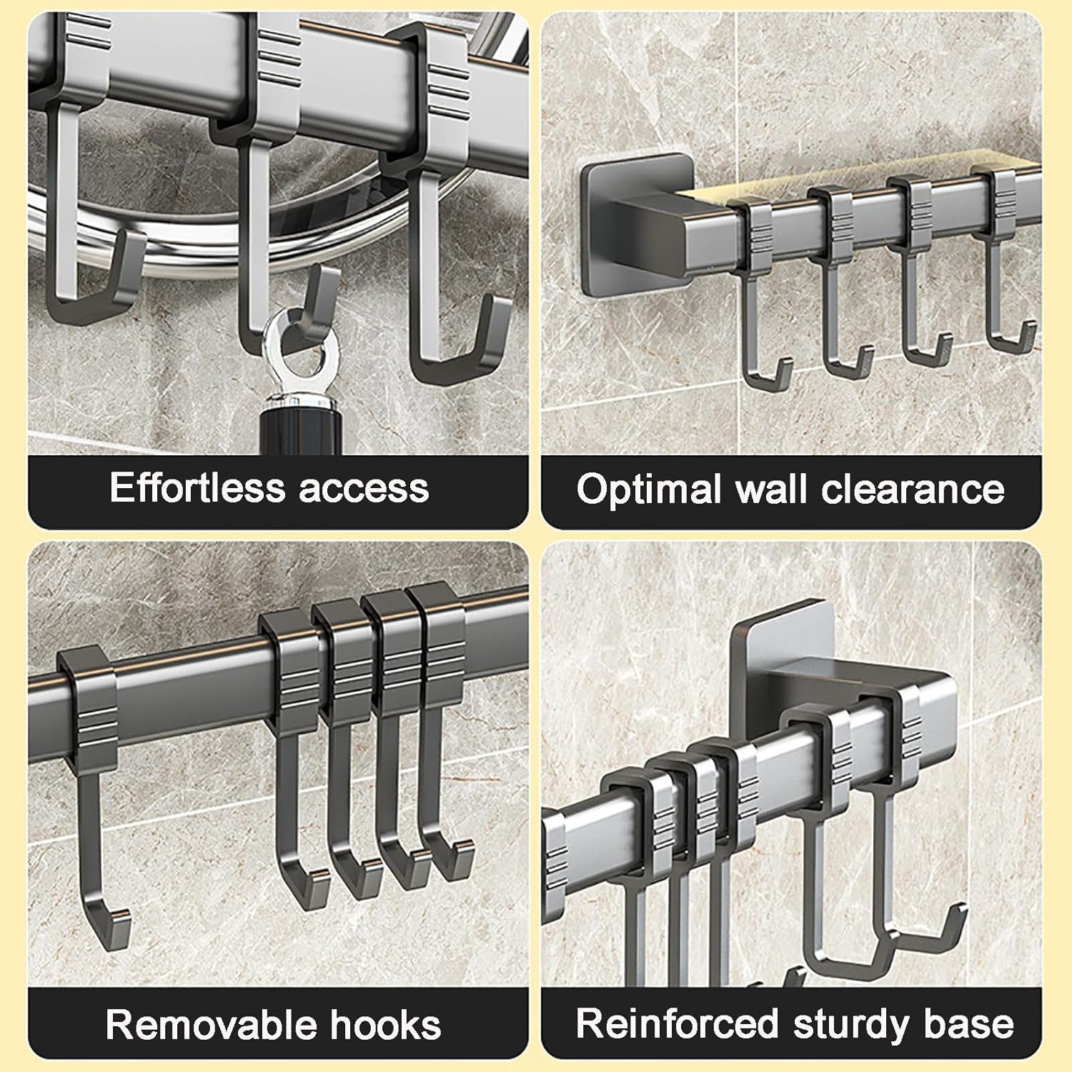 Chmiss Kitchen Hook Rack without Drilling, Hook Rack Kitchen with 8 Movable Hooks, Wall Hooks for Kitchen Utensils for Kitchen, Bathroom, Bedroom image number 4