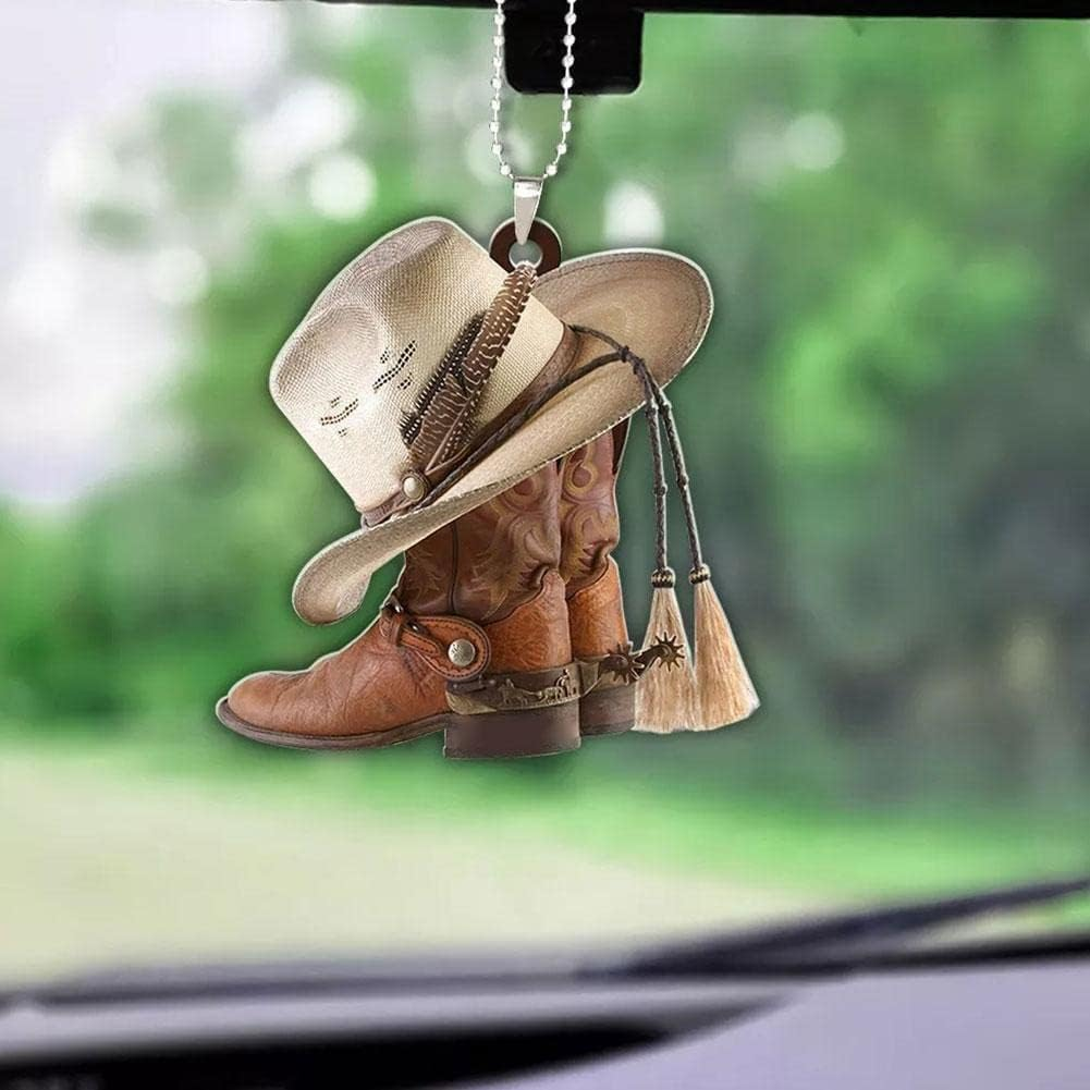 1Pc Car Rear View Mirror Pendant,Charm Auto Interior Rearview Decor,Personalized Cowboy Boots and Hats Flat,Acrylic Car Hanging Ornament Auto Interior Mirrors Interior, Body and Trim,Replacement Parts image number 2
