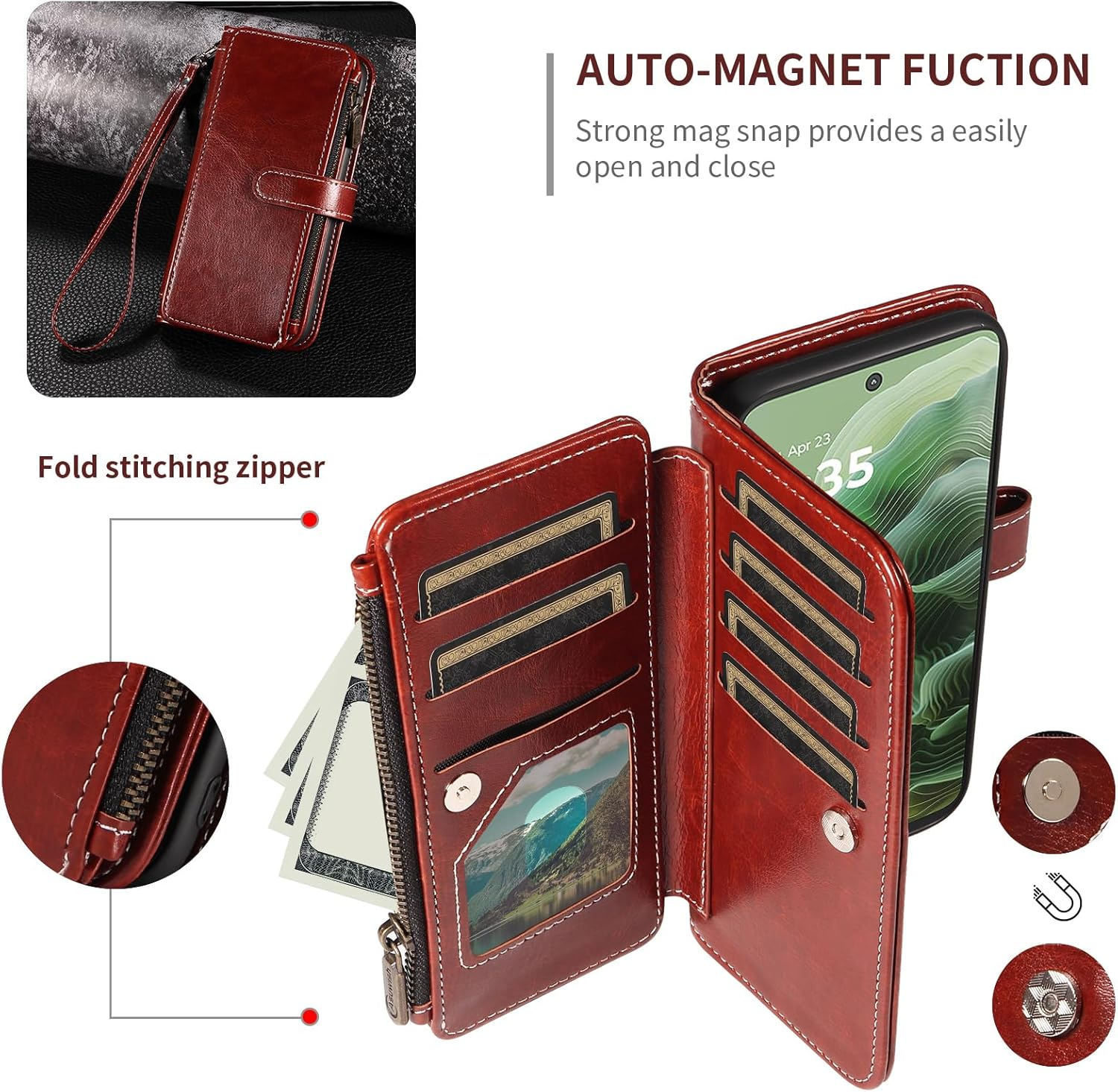 Asuwish Mobile Phone Case for Motorola Moto G35 5G Case with Strap Film Screen Protector Card Slot Foldable Leather Wallet Stand Motog35 G 35 Mobile Phone Cases Protective Zip Wallet Phone Case Brown