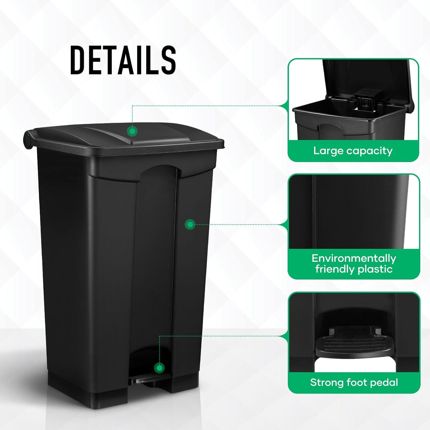 87L Plastic Rubbish Bin Foot Pedal Kitchen Trash Bin with Lid Mall Commercial Waste Bin Indoor Outdoor Large Dustbins Black 50X40X83Cm image number 2