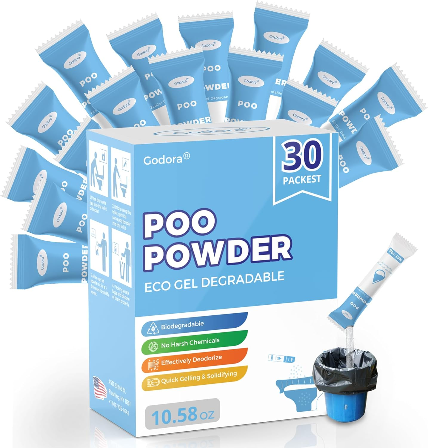 Godora Eco-Friendly Poo Urine Gel Powder with Spoon, Fast-Absorbing Camping Toilet Chemicals, Rapidly Biodegradable Eco Gel for Portable Toilet, for Outdoor Portable Bedpans & Emergencies image number 4