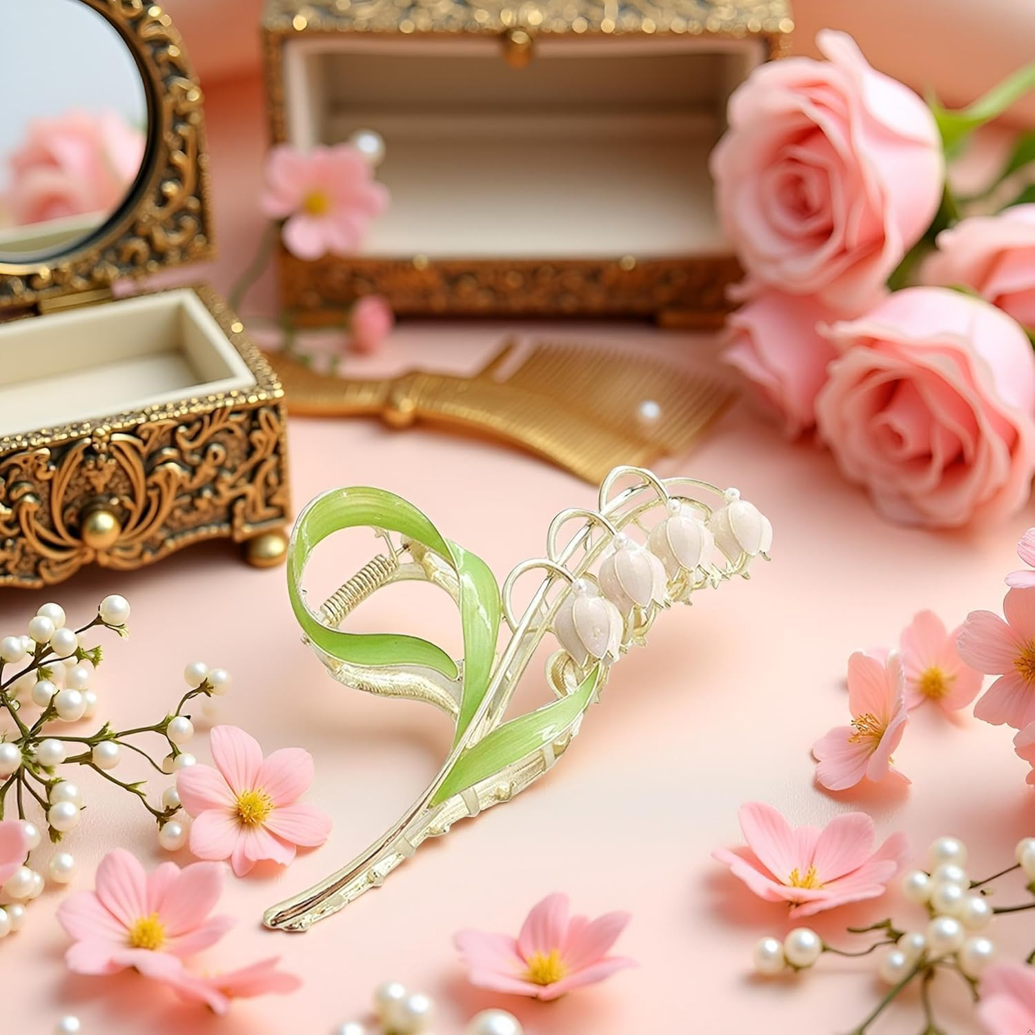Pink Gold Lily of the Valley Flower Hair Clips, Claw Large Metal Claw Clip,Orchid Clamps,Lily Jaw Clamp Styling Accessories for Thick Thin Clips and Barrettes Hair Clips Hair Accessories Hair Care image number 4