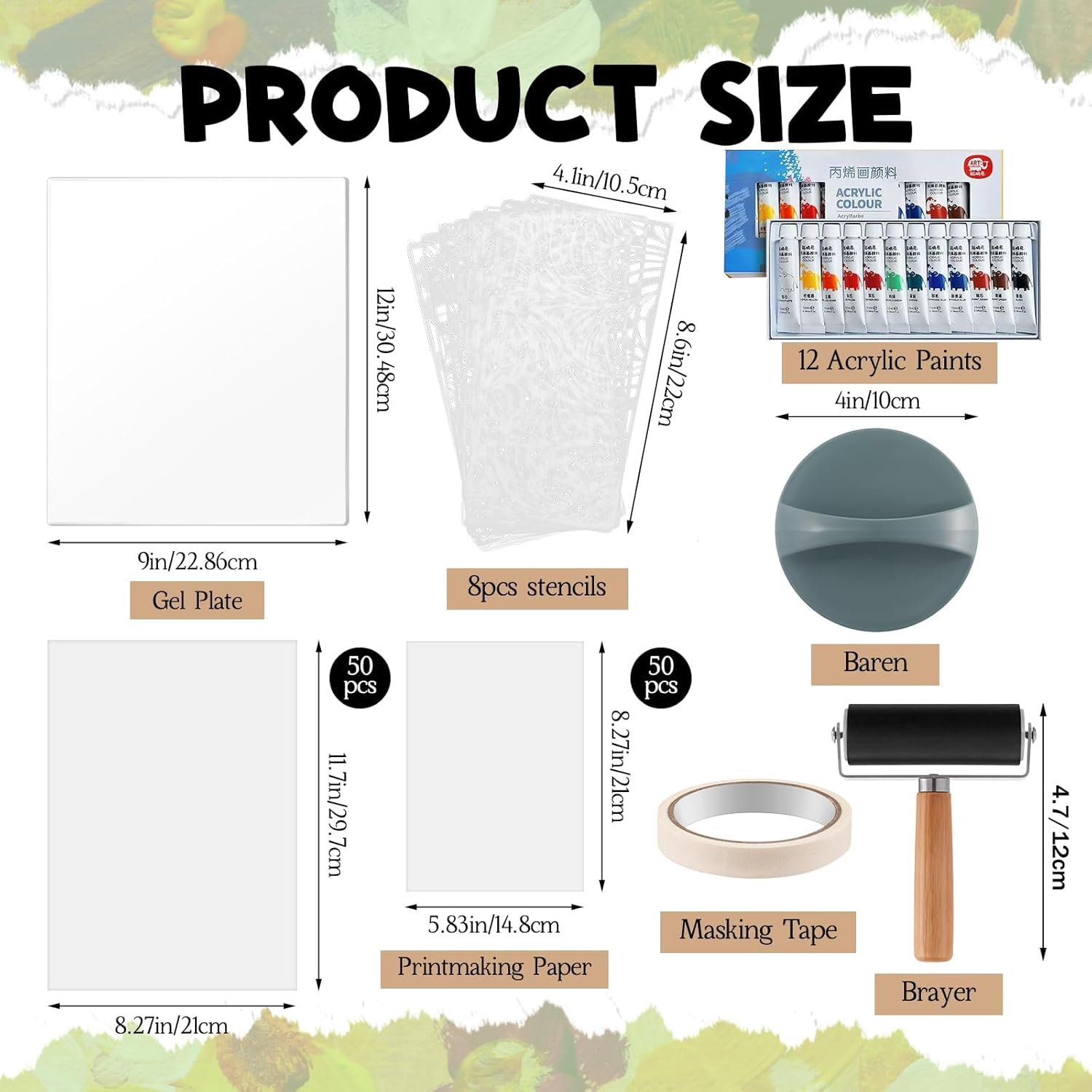 Gel Printing Plate Kit, Complete Printmaking Set with 9'' X 12'' Gelatin Plate, Brayer, Printmaking Paper, Acrylic Paint and Essential Tools for Mixed Media Art, Monoprinting, Card Making image number 1