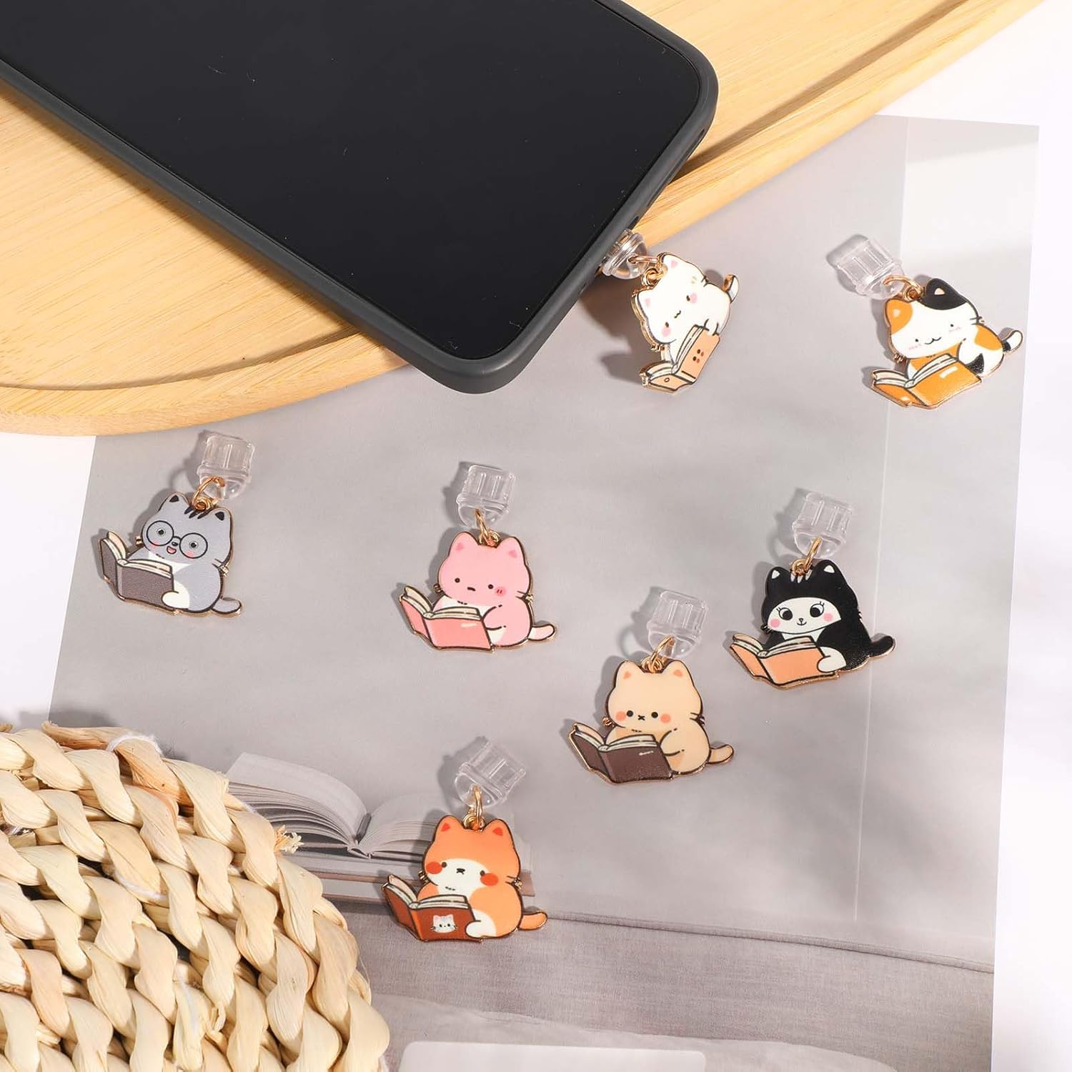 Penitue 7Pcs Cat Dust Plug Charm for Kindle, Cute USB C Charging Port Phone Charm Cartoon Dust Cap Protector Pendants for E-Reader Book Women Teachers Students Accessories image number 5