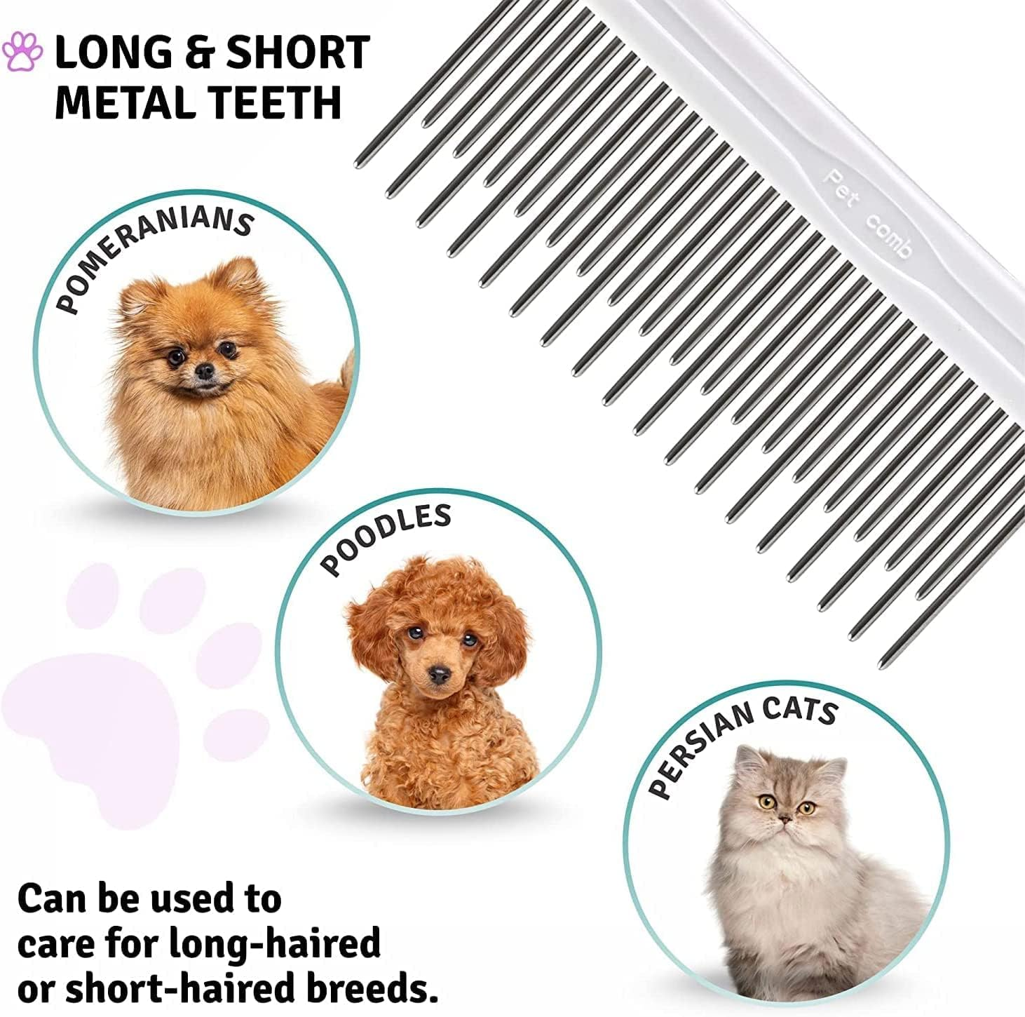 Detangling Pet Comb with Long & Short Stainless Steel Teeth for Removing Matted Fur, Knots & Tangles &ndash; Detangler Tool Accessories for Safe & Gentle DIY Dog & Cat Grooming (Grooming Comb) image number 4