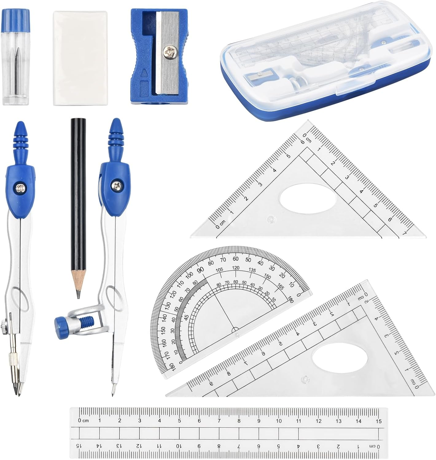 Pack of 10 Compass for Geometry Math Geometry Kit, Geometry Compass Set, Including Set Square, Lead Refills, Pencil, Eraser Sharpener for School Mathematics (Blue) image number 3