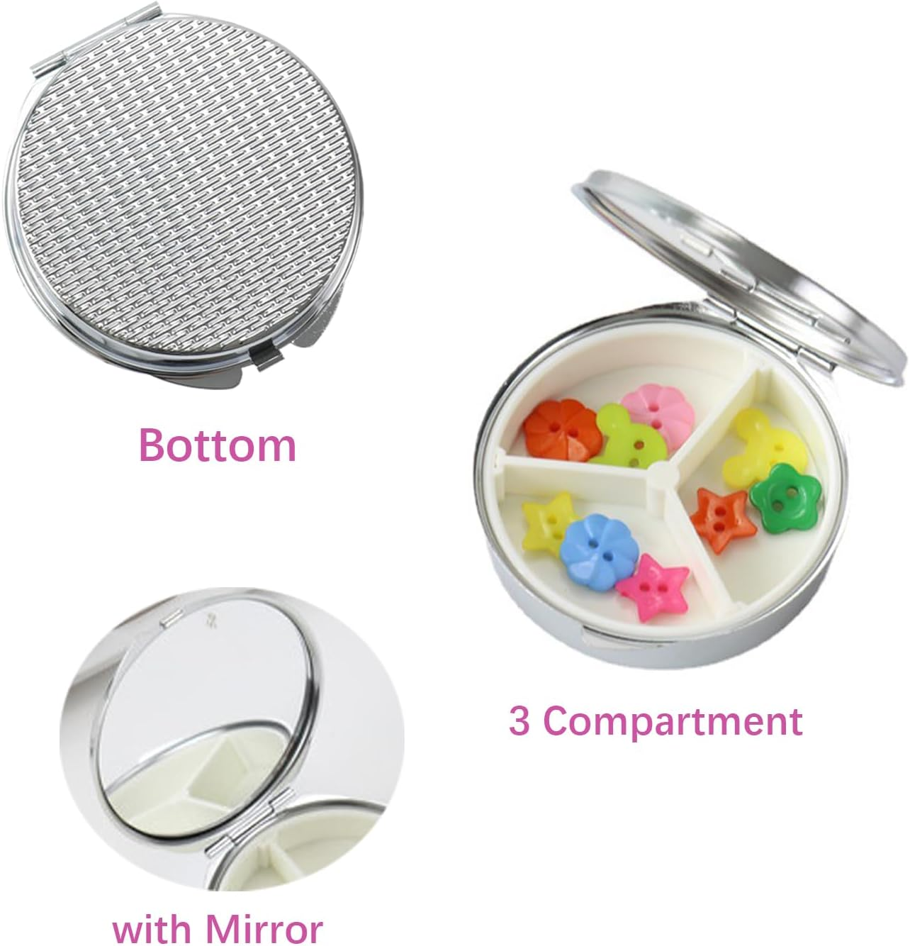 Pill Box Organiser Round, Metal Pill Holder 3 Compartment, Small Portable Pill Case for Travel Pocket Purse, Daily Pill Container with Mirror, Gift Choice (Sun&Moon) image number 5