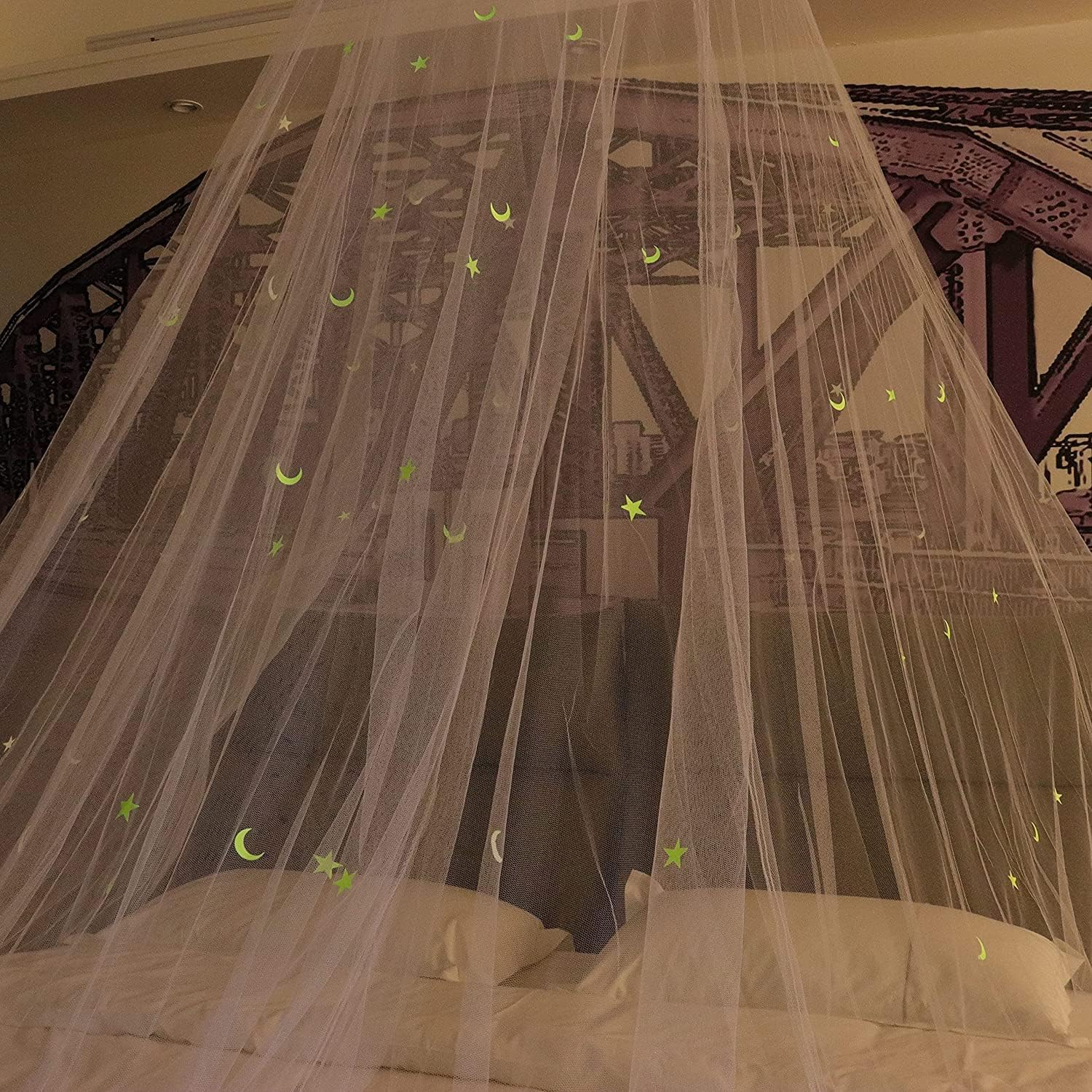 Bed Canopy with Fluorescent Stars & Moon Glow in Dark Bed Net for Baby, Kids, Girls or Adults, Canopy Bed Curtains to Cover the Baby Crib, Queen Size,Full Size,King Size Bed image number 3