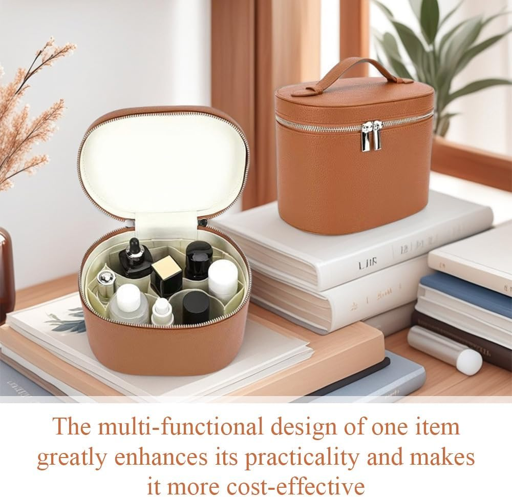 Makeup Bag with Handles, Premium round Leather Travel Cosmetic Organizer, Multi-Compartment Makeup Pouch for Women Girls (Khaki) image number 5