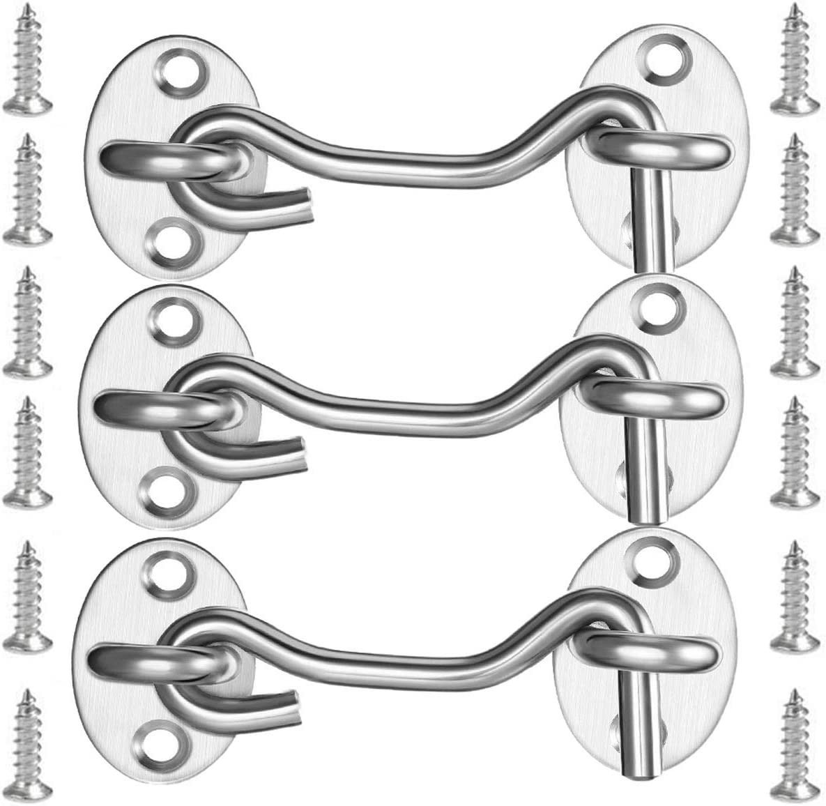 Hook and Eye Latch, 3 Pack Barn Door Latch, Heavy Duty Solid Thicken Stainless Steel Gate Latch Lock, Add More Security and Privacy for Barn Door, Window (4'') image number 1