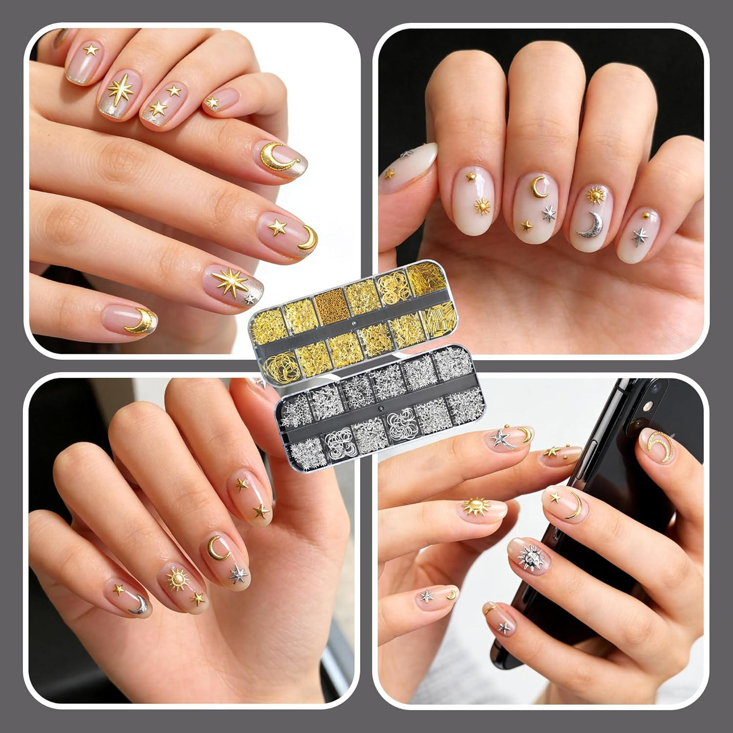 3 Pcs Gold & Silver Nail Art Charms & Rhinestones with Tweezers | Star Moon Sun Heart Nail Gems Decor for DIY Manicures, Crafting | Easy to Use for Women Girls image number 1