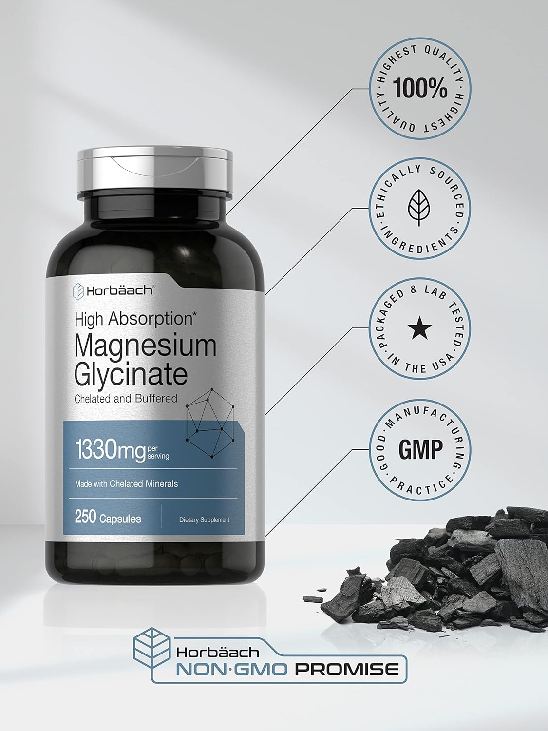 Magnesium Glycinate 1330Mg | 250 Capsules | Buffered and Chelated | Non-Gmo, Gluten Free | by Horbaach image number 1