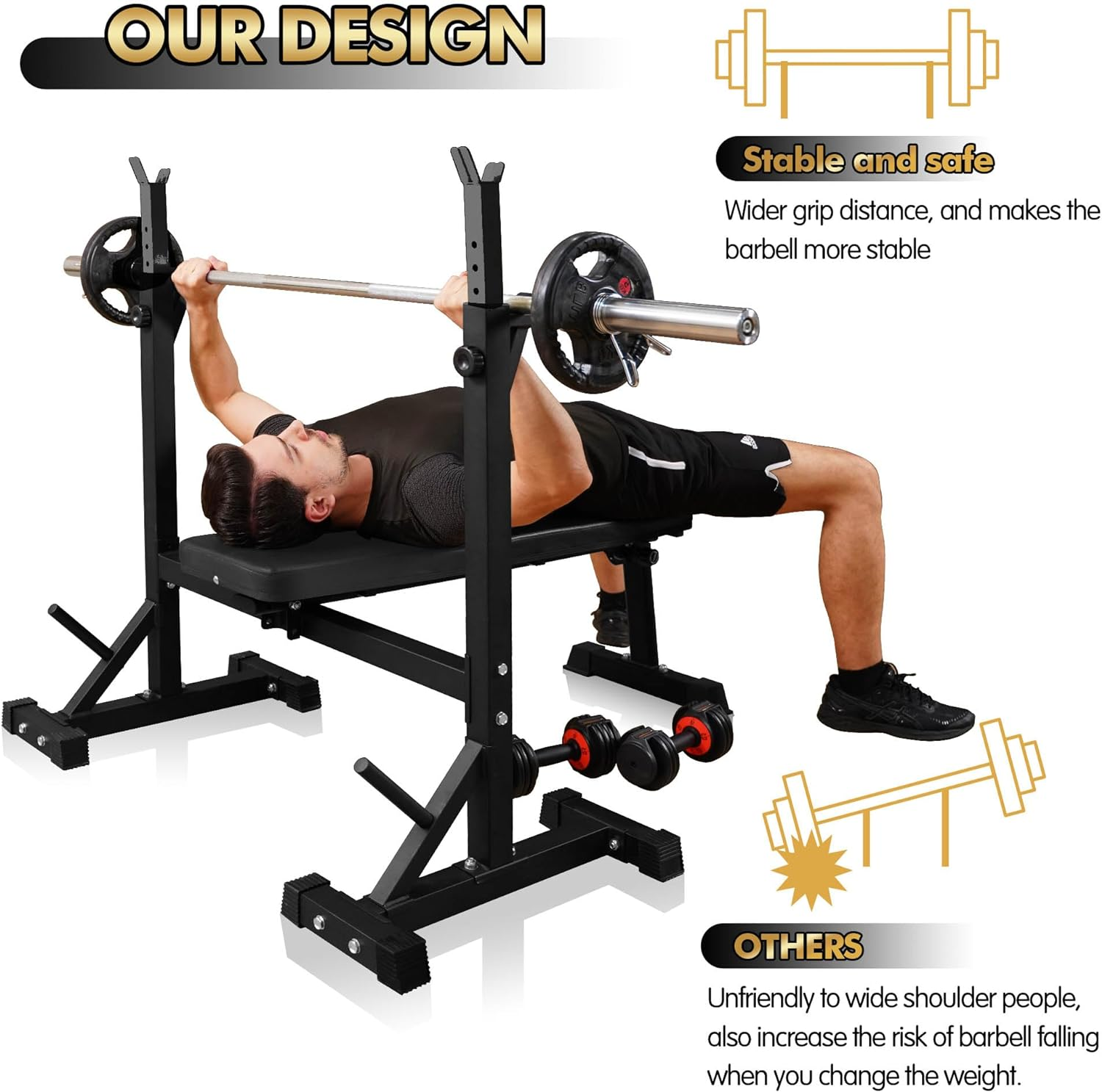 Bench Press, CANPA Olympic Weight Bench with Squat Rack Workout Bench Adjustable Barbell Rack Stand Strength Training Home Gym Multi-Function image number 3