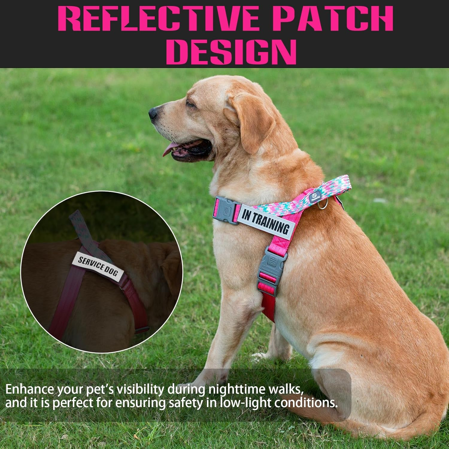 Paworld Service Dog Vest, No-Pull Service Dog Harness with 4 PCS Reflective Patches, Dog Vest Harness with Handle, Pet Harness for Small Medium Large Dogs in Training (Pink, M) image number 4