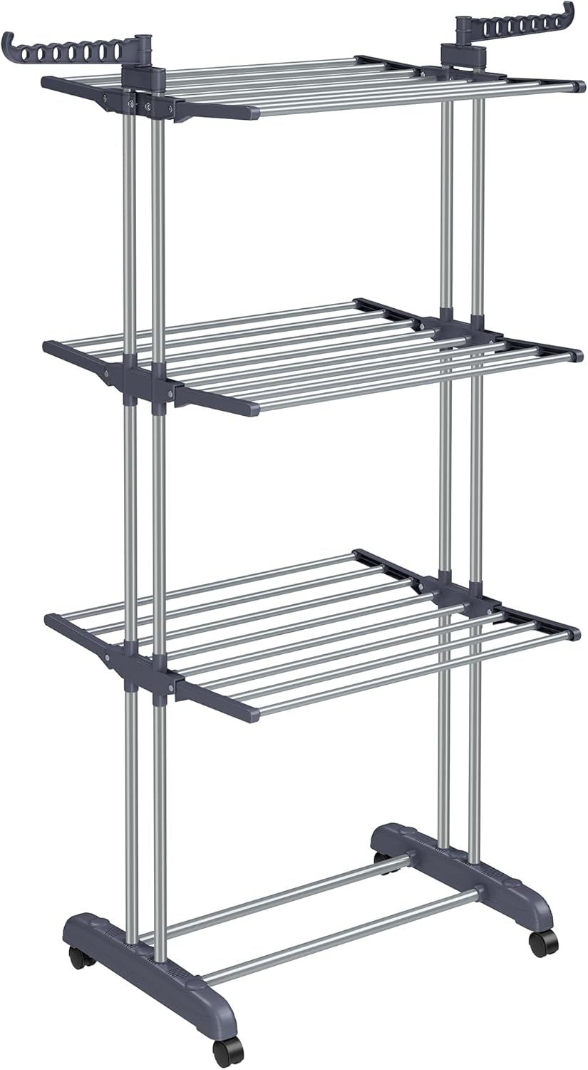 SONGMICS Clothes Drying Rack Stand 4-Tier, Foldable Laundry Drying Rack 67.7-Inch Tall, Stainless Steel, Rolling Clothes Horses Dryer Rack, Easy to Assemble, Indoor Outdoor Use, White ULLR701W01