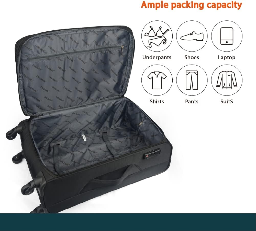 Eaglemate 3 Piece Lightweight Soft Luggage Suitcase Set &ndash; Durable, Expandable, 360&deg; Spinner Wheels, Soft Touch Exterior, TSA Lock for Secure Travel,15 Years Warranty,Black - Navy Blue image number 7