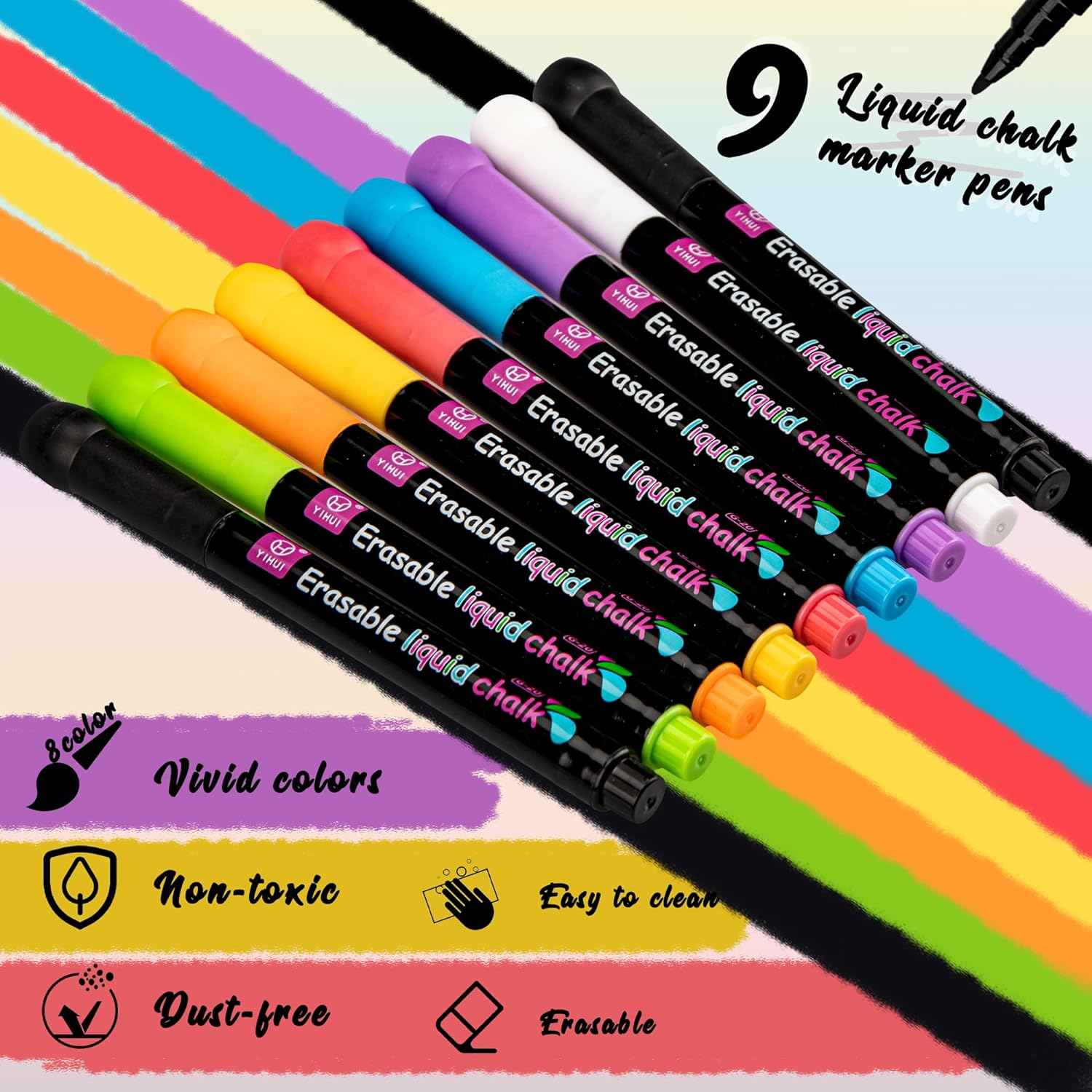 YUNAI Liquid Chalk Markers for Blackboards 9PCS, Chalk Pen for Chalkboard and Glass, Fine Tip Neon Color Erasable Chalkboard Pens for Menu Board Window Signs Drawing Writing image number 2