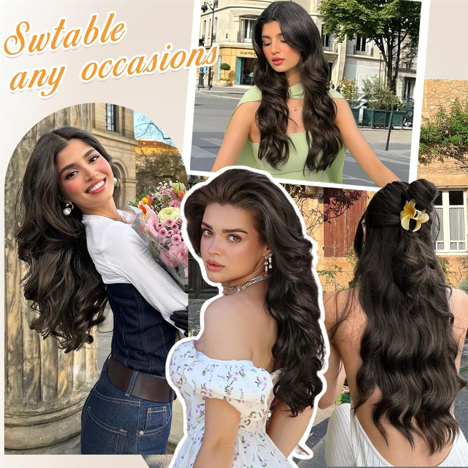 Clip in Hair Extensions, 24 Inches 4Pcs Long Wavy Soft Synthetic Curly Hair Extensions Clip Ins Weft Hairpieces for Women (Dark Brown) - Blackish Brown image number 6