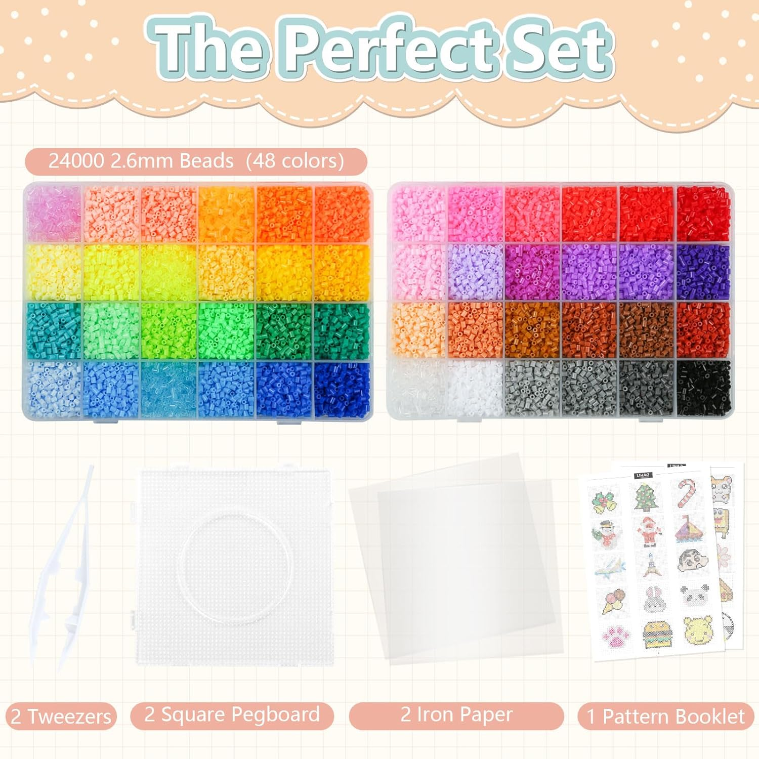 GWHOLE 48 Colors 2.6Mm Fuse Beads Kit 24000 PCS Craft Kit Ironing Beads with Ironing Paper Beads Pegboards and Tweezers for DIY Arts and Crafts image number 3