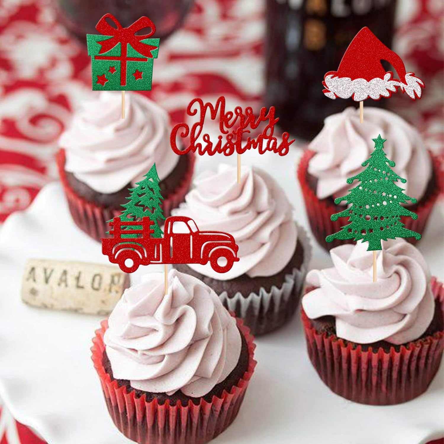 30 Pack Christmas Cupcake Toppers Glitter Christmas Truck Tree Hat Cupcake Picks Gift Box Cake Decorations for Christmas Theme Baby Shower Birthday Merry Christmas Party Supplies image number 6
