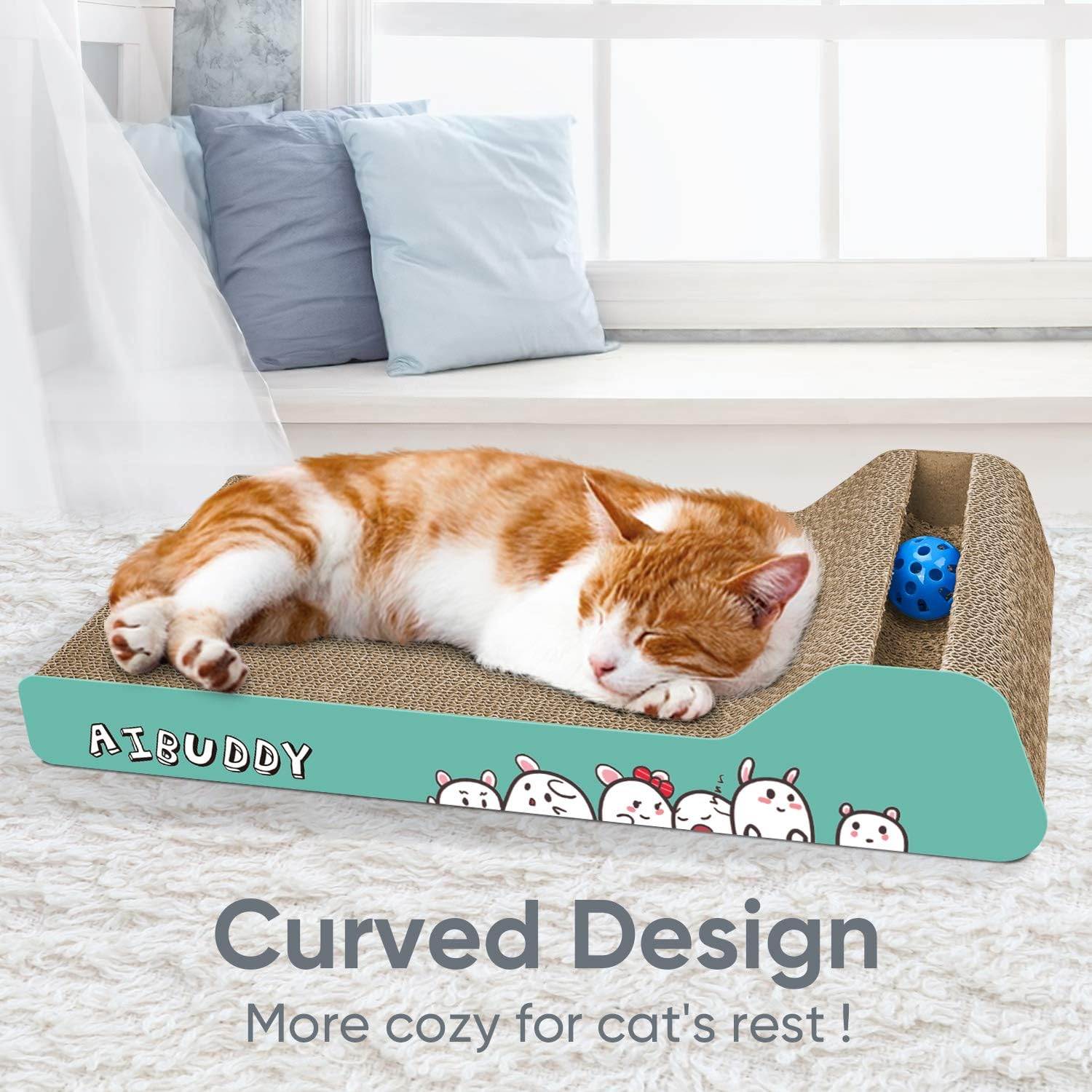 Aibuddy Cat Scratcher, Incline Scratching Pad Reversible Cardboard Lounge Bed with Ball Toy Catnip [ 45X 24 X 8.5 Cm, Superior Cardboard & Construction] image number 5