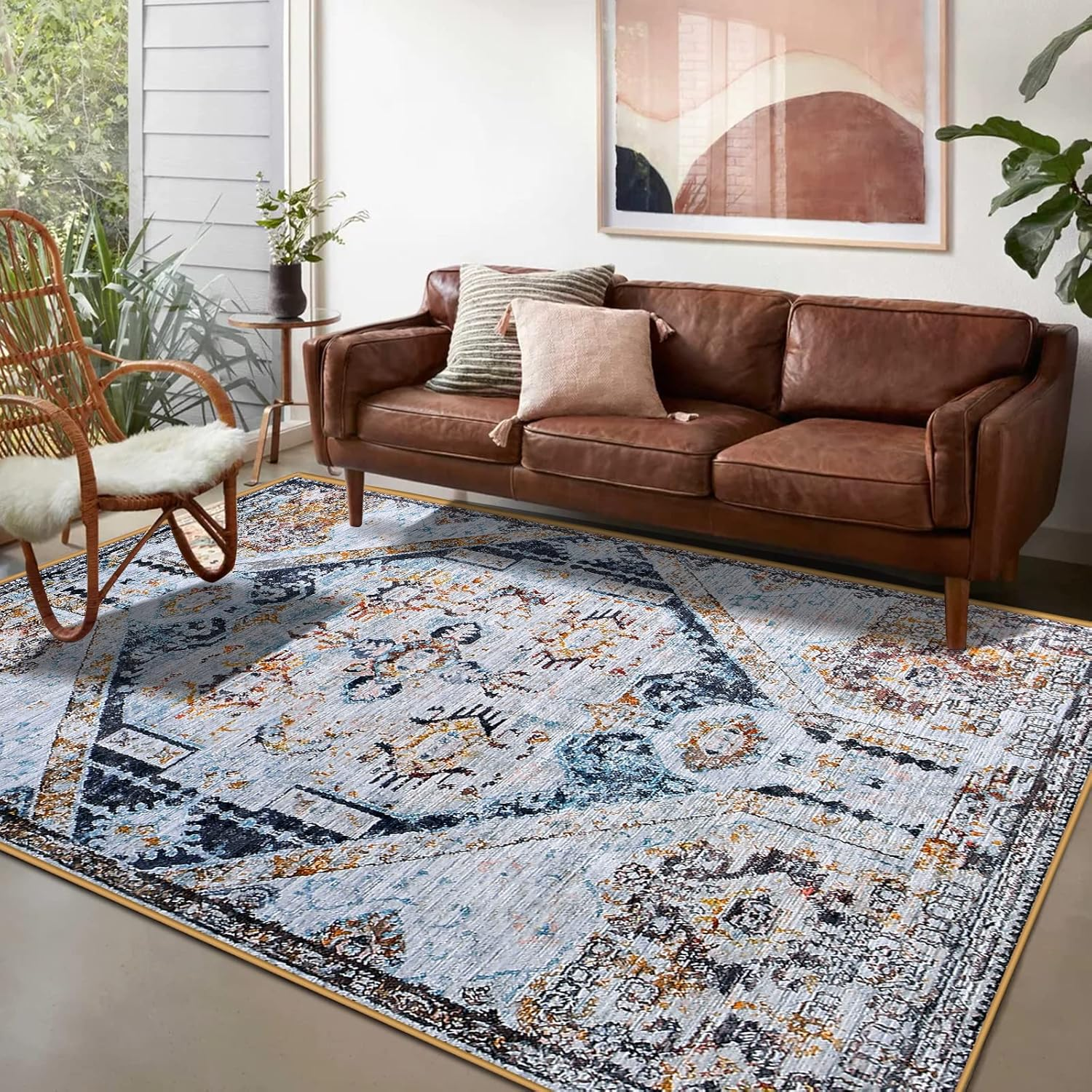 Calore Vintage Area Rug Living Room Rug, Non-Slip Soft Short Pile Carpet for Easy Clean, Chic Traditional Rug for Living Room Bedroom Dining Room (Retro Beige, 160 X 200Cm) image number 3