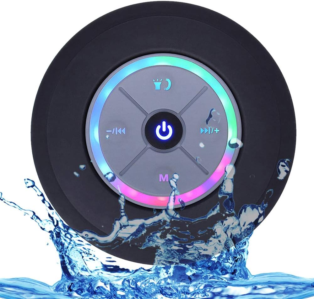 Wireless BT Shower Speaker IPX4 Waterproof Portable with LED Light FM Radio Loud Stereo Sound Built in MIC Suction Cup Support Hands Free Call TF Card for Pool Beach Home Party Travel Outdoors image number 1