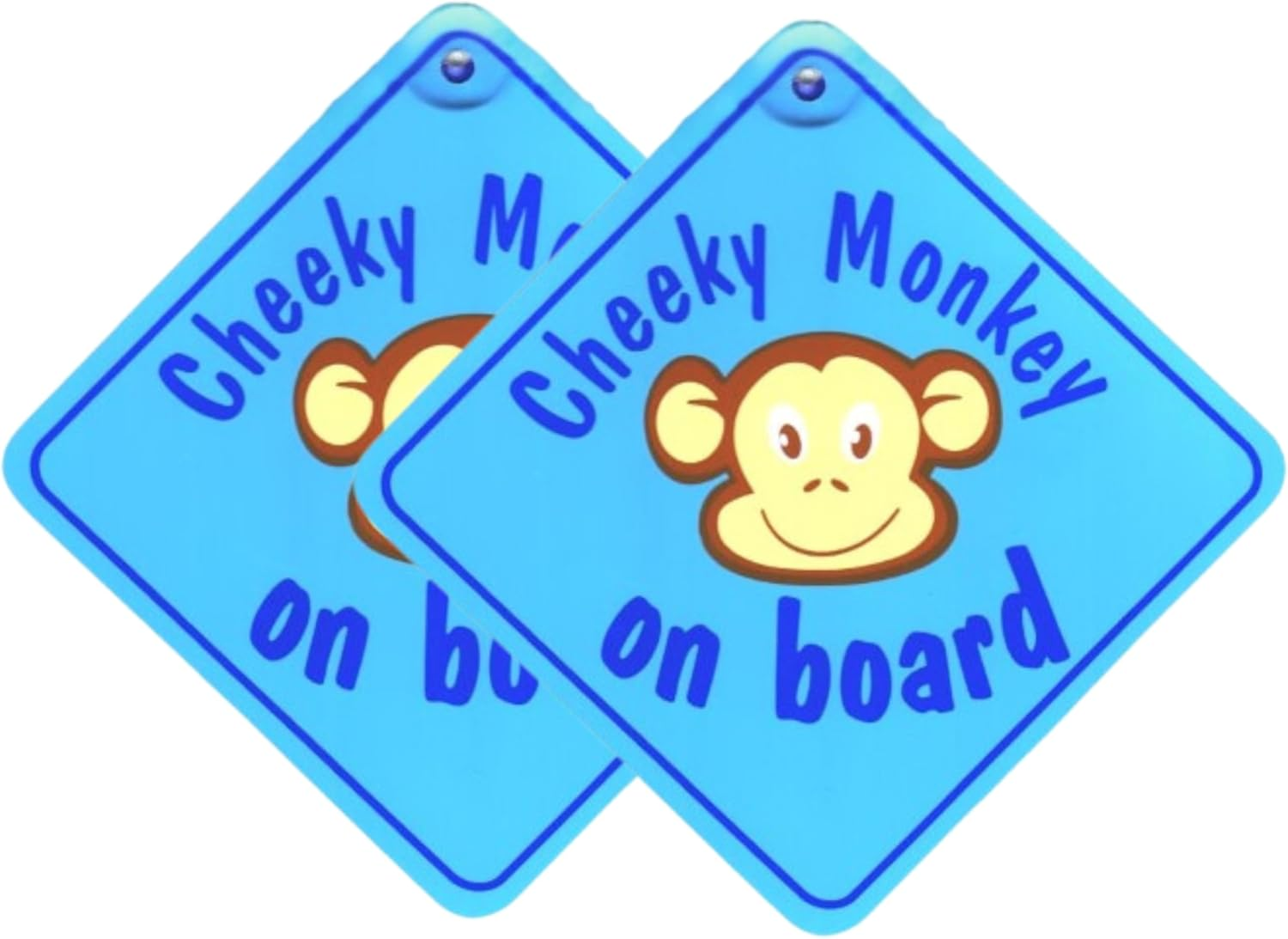 Blue Cheeky Monkey on Board Car Sign | Twin Pack | Baby on Board Sign for Car | 5.5" X 5.5" with Suction Cup | Baby Car Sticker | Fun Baby on Board Badge for Kids Safety image number 2