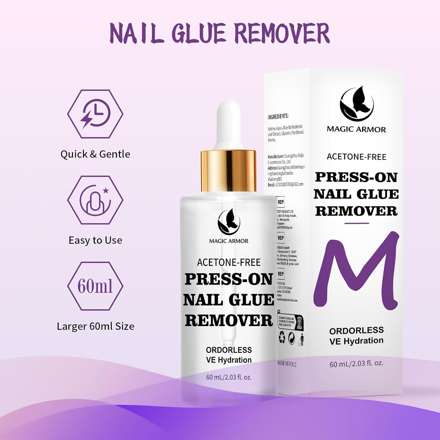 MAGIC ARMOR Press-On Nail Glue Remover 60Ml - Professional Non-Acetone, Gentle & Effective for Fake Nails Tips & Remover Tool for Easy to Use Removal of Nail Tips image number 5