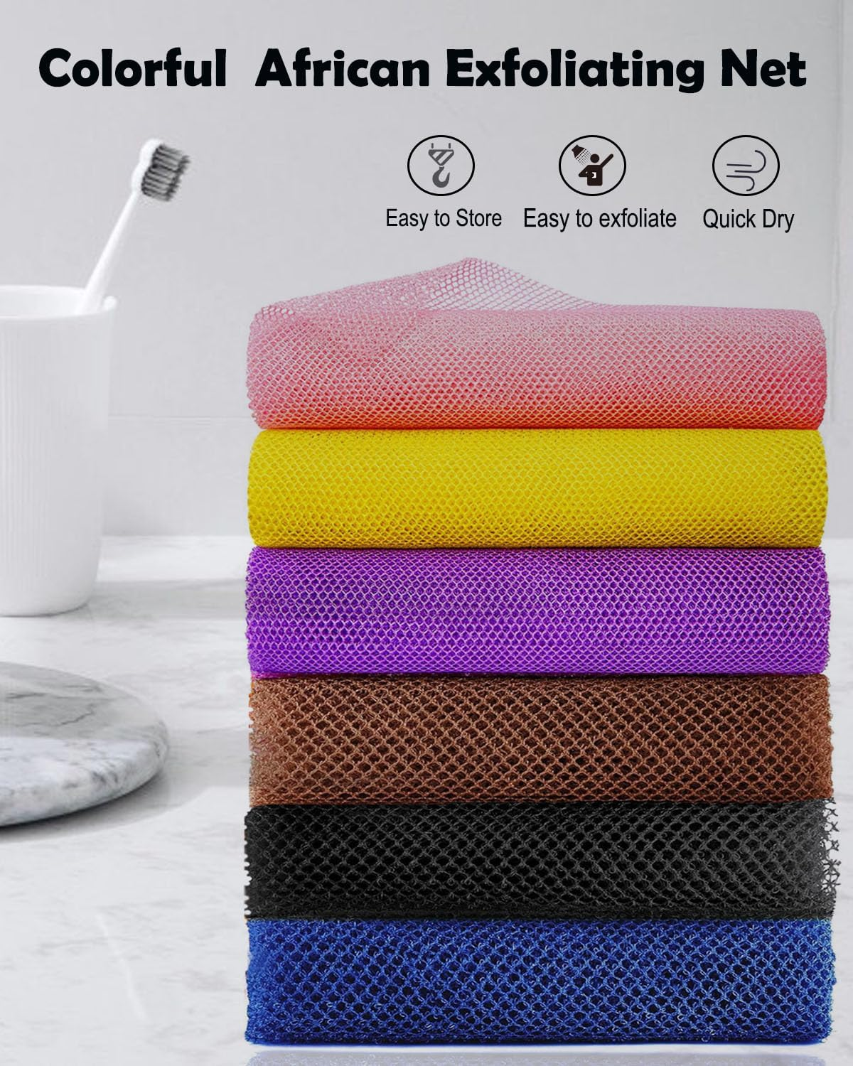 African Exfoliating Net Sponge, 33 Inch Long Bathing Sponge Shower Body Scrubber Net for Back Skin Smoother, Daily Use (Black/Blue/Brown/Yellow/Pink/Purple) - Black/Blue/Brown/Beige image number 7