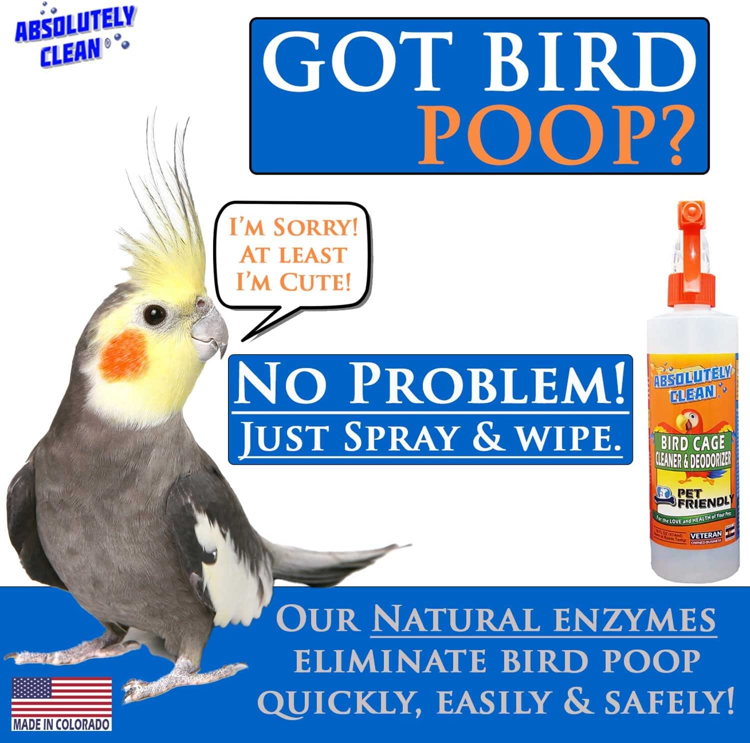 Absolutely Clean Amazing Bird Cage Cleaner and Deodorizer - Just Spray/Wipe - Safely & Easily Removes Bird Messes Quickly and Easily - Made in the USA (16 Oz - 2 Pack)