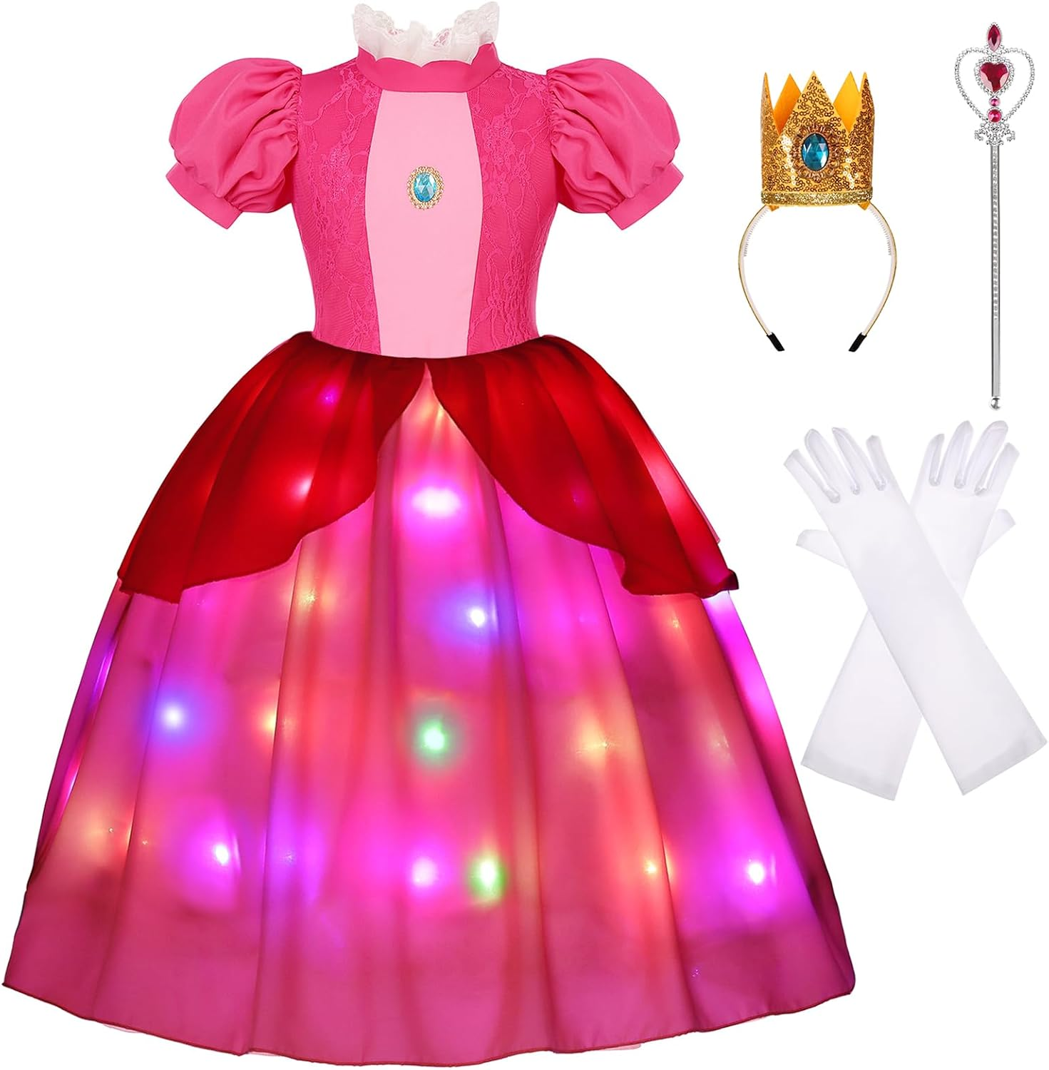 Girls Princess Dress Peach Costume Super Bros Kids LED Light up Princess Dress for Deluxe Halloween Party Dress Up image number 3