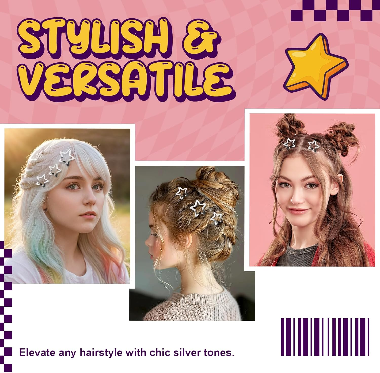 JASVERLIN 50 Pcs Metal Star Hair Clips Silver, Rave Y2K Accessories for Women Girls Teens, Small Cute Fashion Kawaii Snap Hair Pin Barrettes for Festival Concert 1.22" and 1.61" image number 3