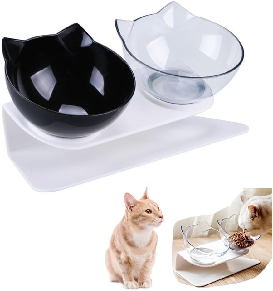 Double Elevated Cat Bowls with Raised Stand, Cat Bowls Elevated Cat Food Water Bowls Set 15&deg; Tilted Raised Cat Bowls for Cats Small Dogs Kitten Dishes Rabbits, anti Vomiting Reduce Neck Pain/1604 image number 2