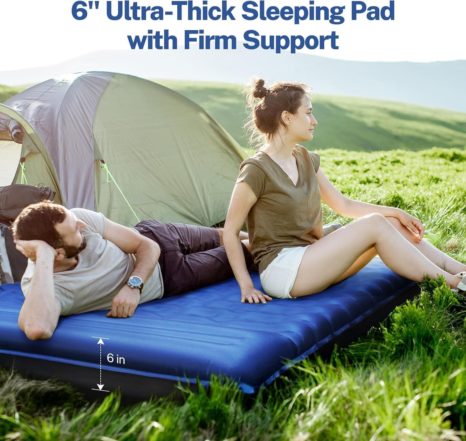 Double Sleeping Pad for Camping, 16 Cm Thick Self-Inflating Air Mattress， 2 Person with Pillow and Foot Pump Camping Sleeping Mat，Ultralight Mat for Backpacking, Hiking, Portable Camping Pad (Blue) image number 3