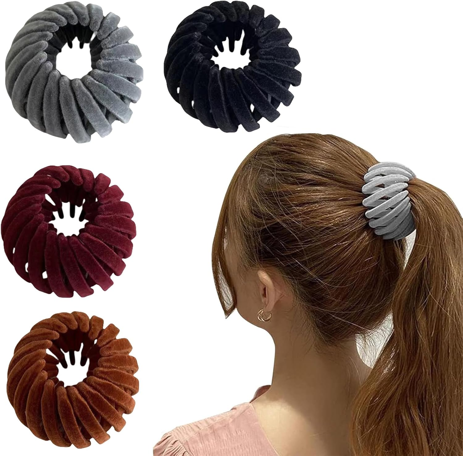 Hair Accessories for Women, Ponytail Holder, Hair Scrunchie Set, 4 Pieces, Bird Nest Hair Clips, Stretchy from 6-13 Cm, Black, Burgundy, Grey, Brown, Volume-Saving for Ponytail image number 6