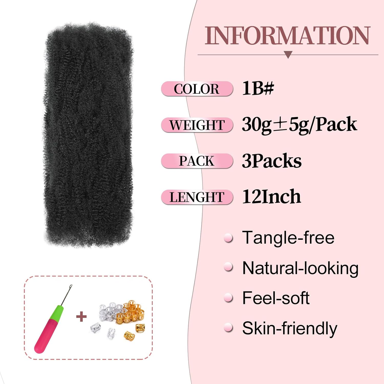 SHIHERESH 12 Inch Afro Kinky Curly Braiding Hair Bulk for Dreadlock Extensions 3 Bundles Marley Twist Hair Bulk for Micro Locs Spring Afro Twist Braids and Repair Locs (1B, 30 G/Pack) image number 5