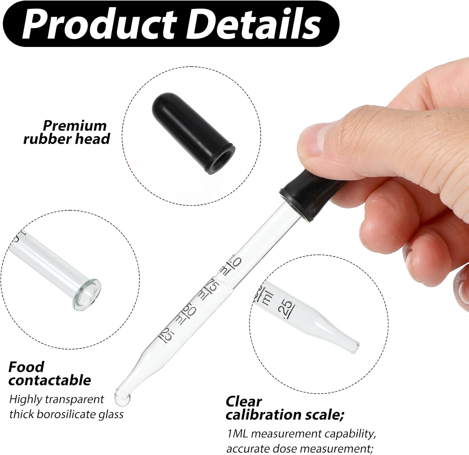 4Pcs 1Ml Eye Dropper with Durable Rubber Head, 1Ml Glass Dropper with Measurements Bent & Straight Tip, with Cleaning Brush Rubber Head, for Precise Pipette Droppers for Crafts, Essential Oil, Food image number 2