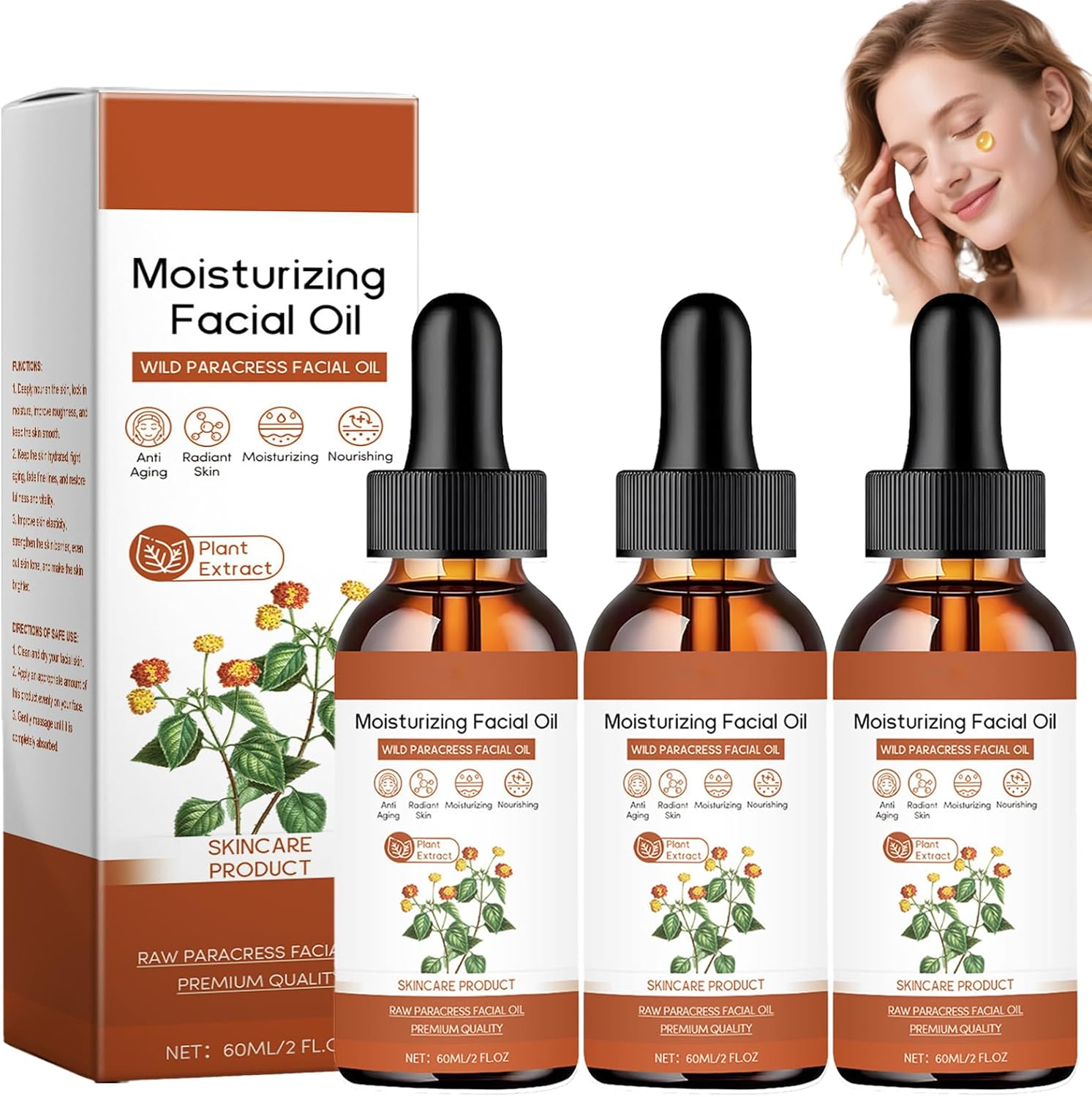 Facial Oil Moisturizer - 60ML Firming & Hydrating Face Oil for Women, Anti-Aging Facial Serum with Paracress Extract, Suitable for Dermaplaning, Skincare Oil for Fine Lines & Intense Hydration (1PCS)