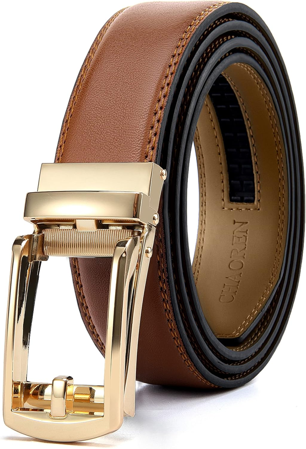 Womens Belt for Jeans, CR Women Tan Leather Belt with Gold Buckle for Pants, 1.25" Ratchet Ladies Belt for Jeans Pants